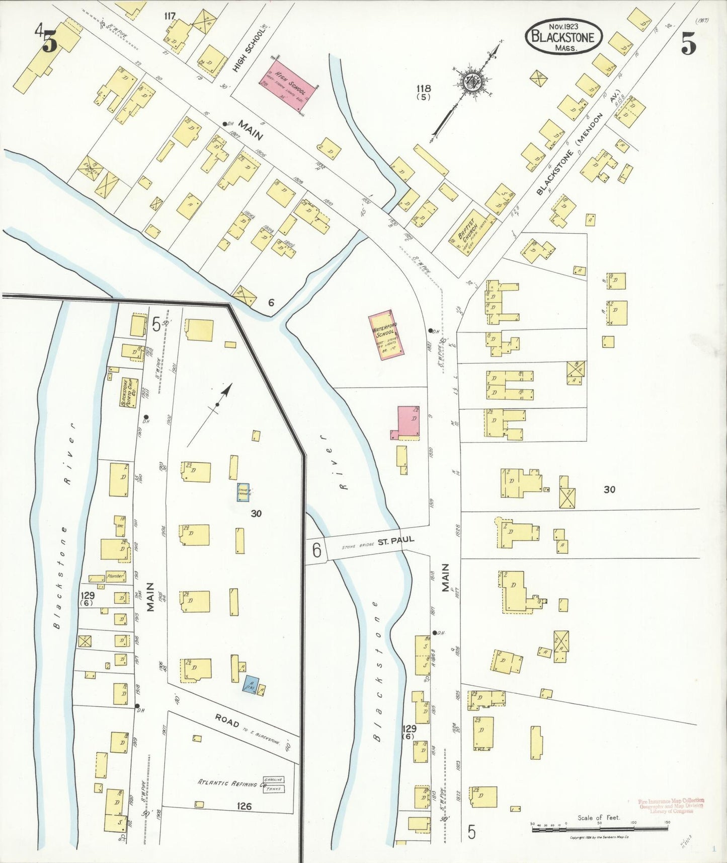 Sanborn Fire Insurance Map from Blackstone, Worcester County, Massachusetts (1923), Sheet #0005 - Historic Sanborn Fire Insurance Map Print, vintage old map wall art, antique decor, genealogy gift, Massachusetts Massachusetts map