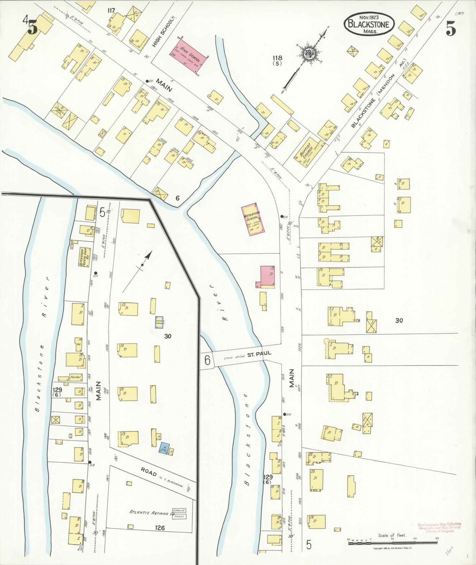 Sanborn Fire Insurance Map from Blackstone, Worcester County, Massachusetts (1923), Sheet #0005 - Historic Sanborn Fire Insurance Map Print, vintage old map wall art, antique decor, genealogy gift, Massachusetts Massachusetts map
