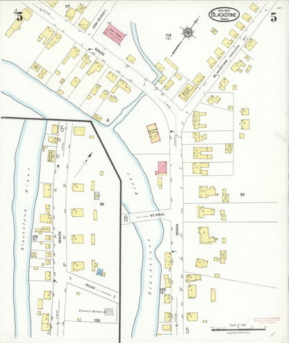 Sanborn Fire Insurance Map from Blackstone, Worcester County, Massachusetts (1923), Sheet #0005 - Historic Sanborn Fire Insurance Map Print, vintage old map wall art, antique decor, genealogy gift, Massachusetts Massachusetts map