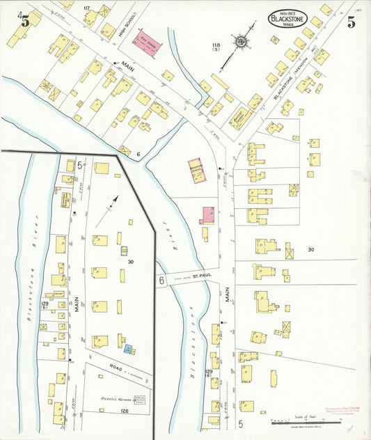 Sanborn Fire Insurance Map from Blackstone, Worcester County, Massachusetts (1923), Sheet #0005 - Historic Sanborn Fire Insurance Map Print, vintage old map wall art, antique decor, genealogy gift, Massachusetts Massachusetts map