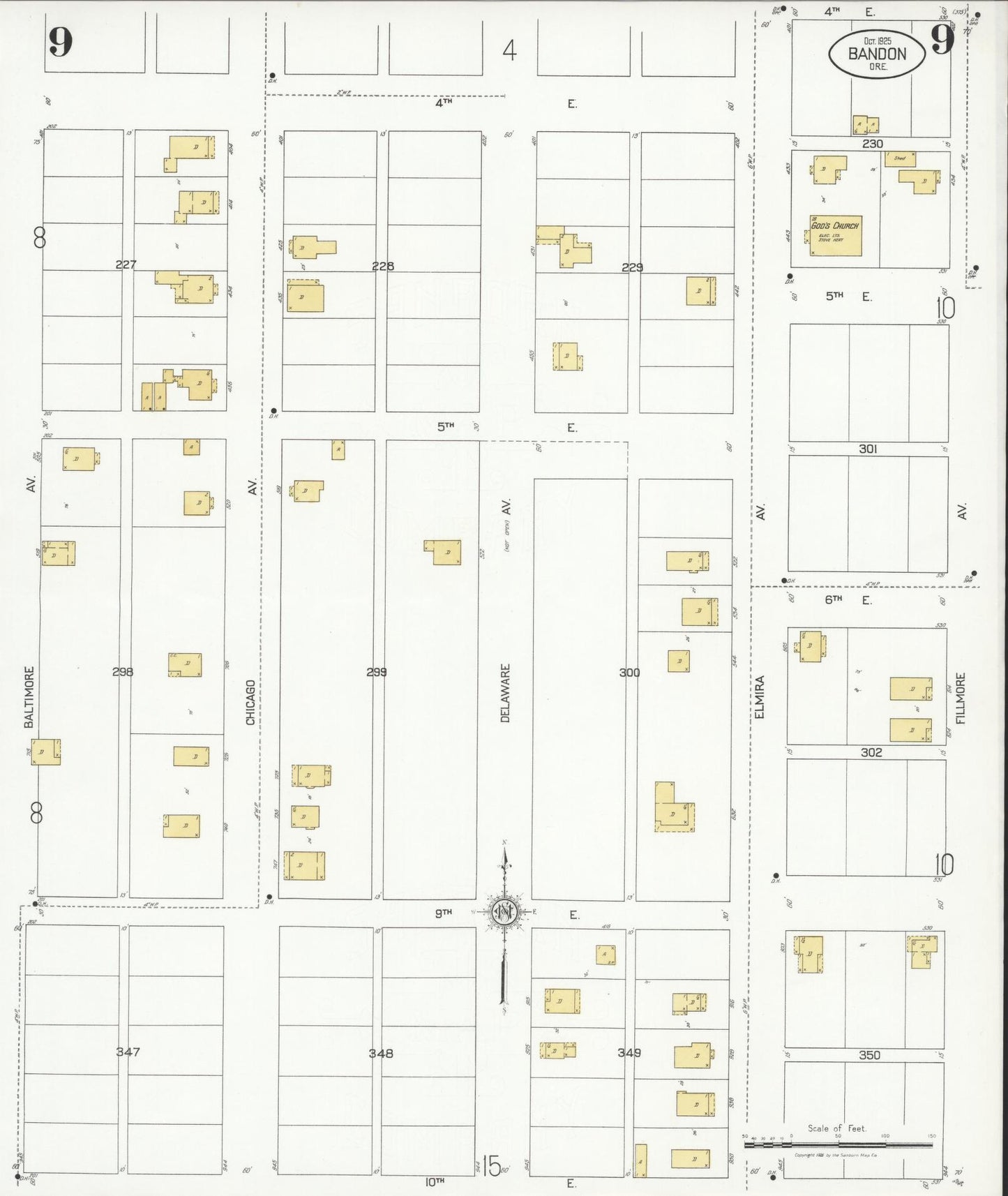Sanborn Fire Insurance Map from Bandon, Coos County, Oregon (1925), Sheet #0009 - Complete Map Set gallery image, historic Sanborn map, vintage wall art, Oregon Oregon