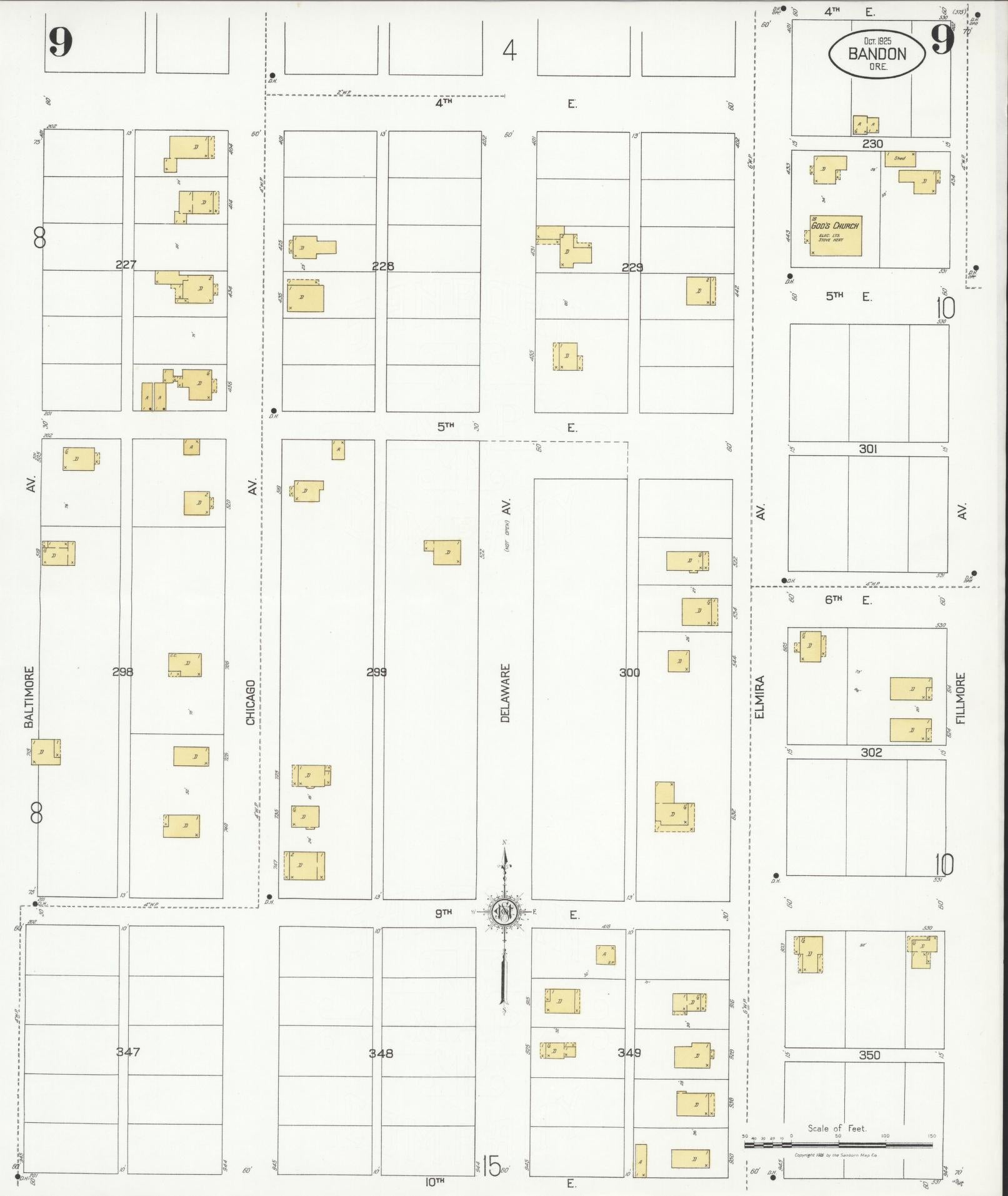 Sanborn Fire Insurance Map from Bandon, Coos County, Oregon (1925), Sheet #0009 - Complete Map Set gallery image, historic Sanborn map, vintage wall art, Oregon Oregon