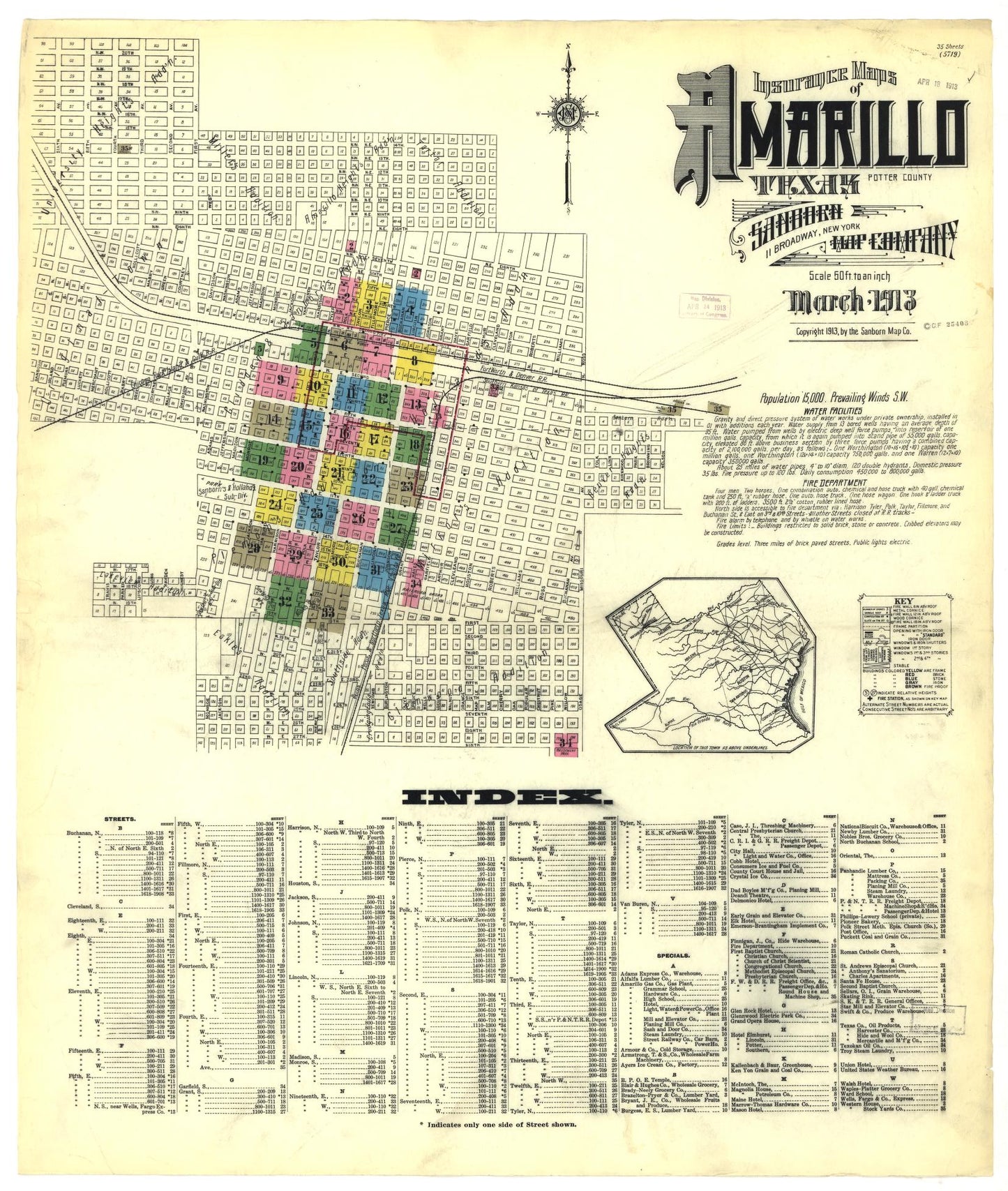 Sanborn Fire Insurance Map from Amarillo, Potter County, Texas (1913), Sheet #0001 - Historic Sanborn Fire Insurance Map Print, vintage old map wall art, antique decor, genealogy gift, Texas Texas map