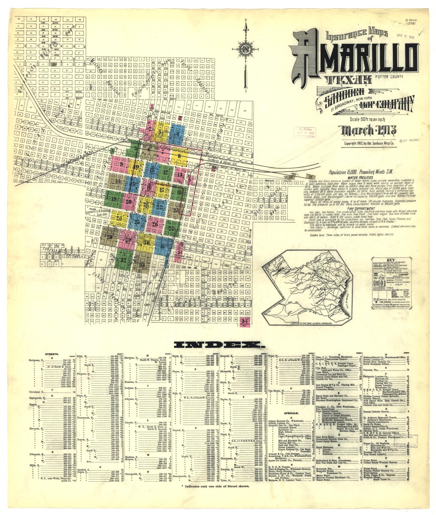 Sanborn Fire Insurance Map from Amarillo, Potter County, Texas (1913), Sheet #0001 - Historic Sanborn Fire Insurance Map Print, vintage old map wall art, antique decor, genealogy gift, Texas Texas map