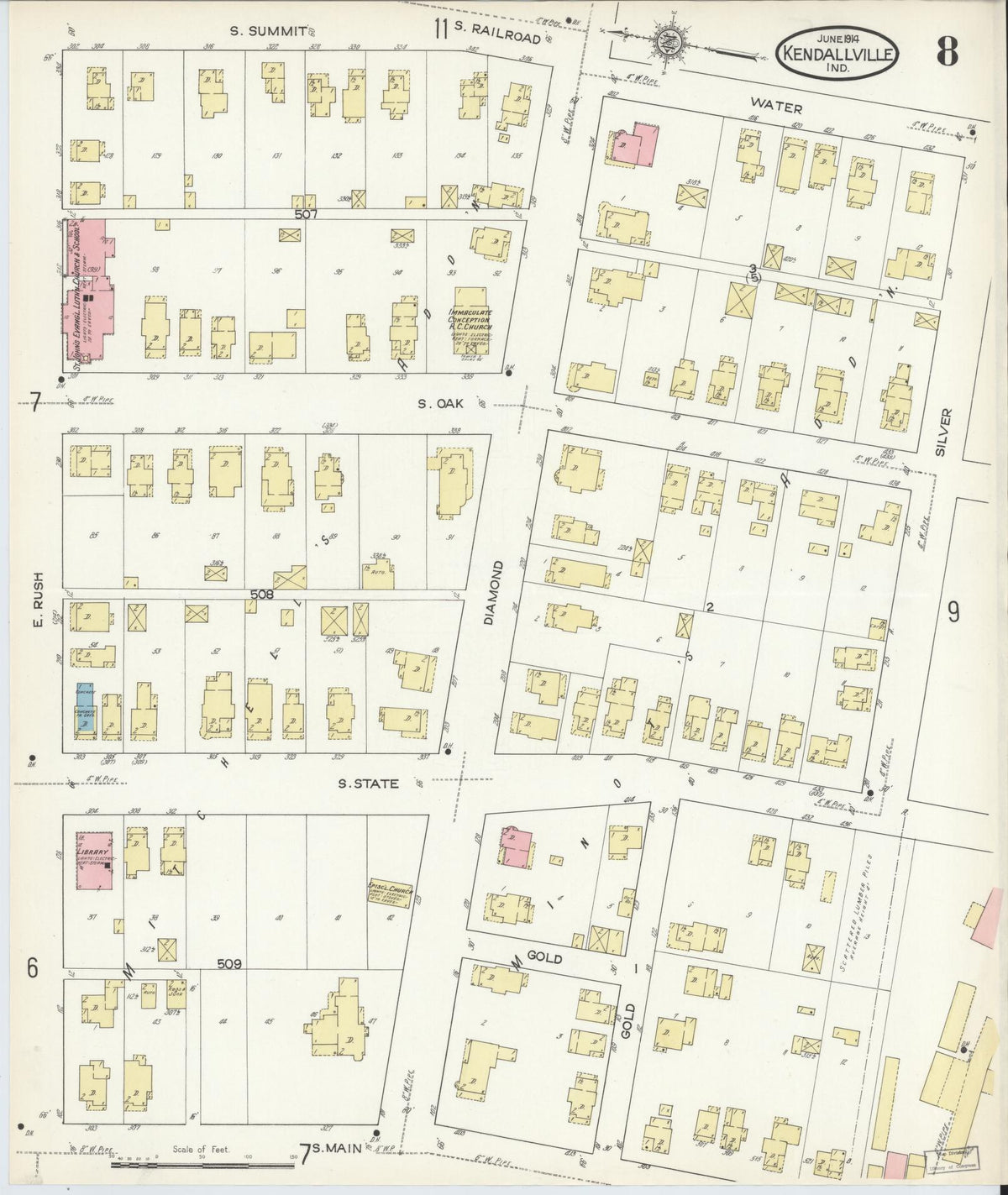 Sanborn Fire Insurance Map from Kendallville, Noble County, Indiana (1914), Sheet #0008 - Historic Sanborn Fire Insurance Map Print, vintage old map wall art, antique decor, genealogy gift, Indiana Indiana map