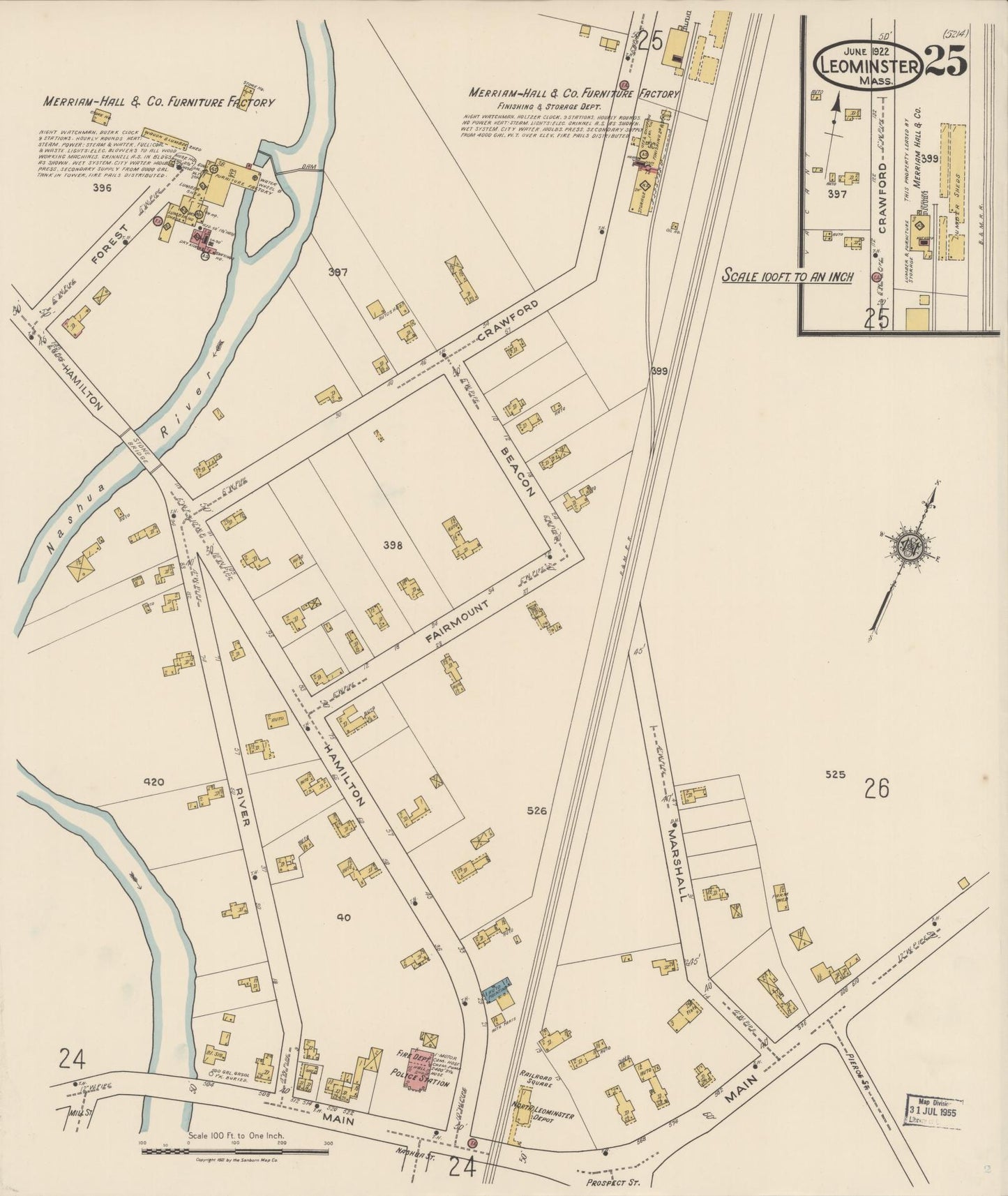 Sanborn Fire Insurance Map from Leominster, Worcester County, Massachusetts (1922), Sheet #0025 - Historic Sanborn Fire Insurance Map Print, vintage old map wall art, antique decor, genealogy gift, Massachusetts Massachusetts map