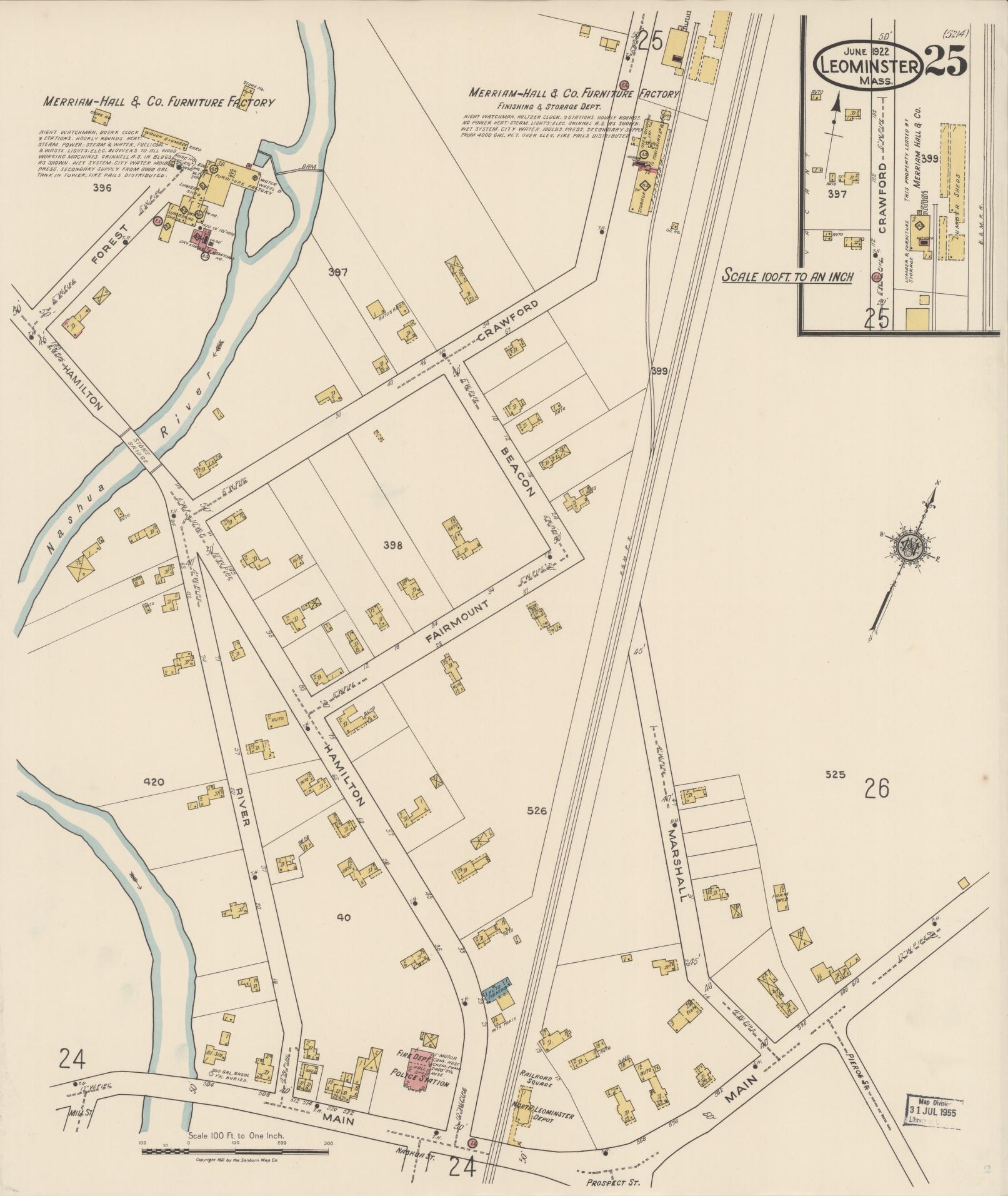 Sanborn Fire Insurance Map from Leominster, Worcester County, Massachusetts (1922), Sheet #0025 - Historic Sanborn Fire Insurance Map Print, vintage old map wall art, antique decor, genealogy gift, Massachusetts Massachusetts map