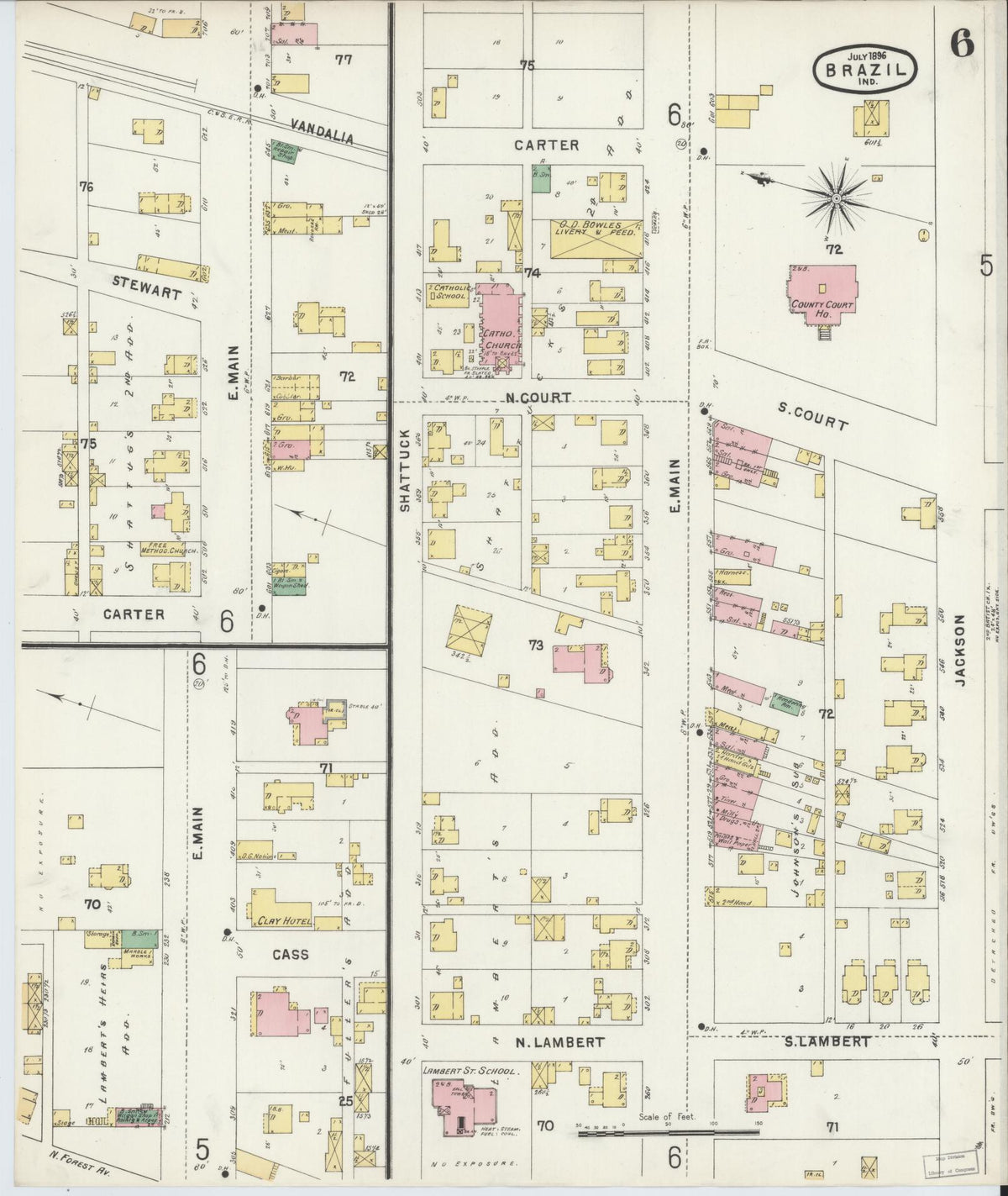 Sanborn Fire Insurance Map from Brazil, Clay County, Indiana (1896), Sheet #0006 - Historic Sanborn Fire Insurance Map Print, vintage old map wall art, antique decor, genealogy gift, Indiana Indiana map
