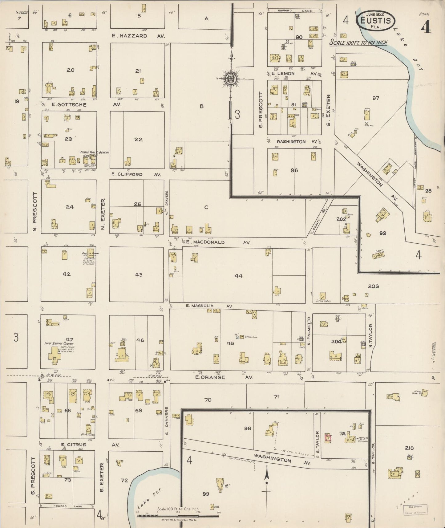 Sanborn Fire Insurance Map from Eustis, Lake County, Florida (1922), Sheet #0004 - Complete Map Set gallery image, historic Sanborn map, vintage wall art, Florida Florida