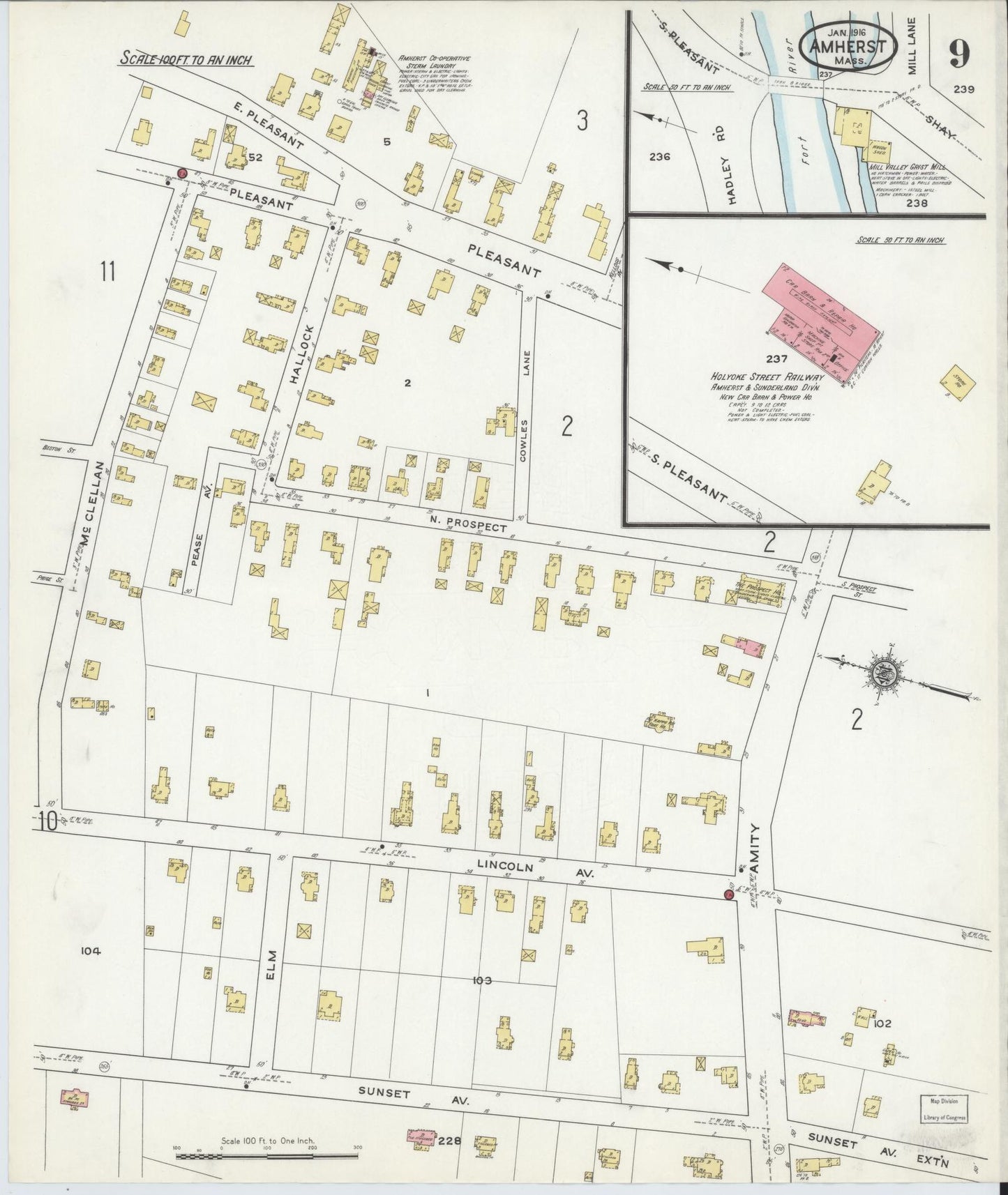 Sanborn Fire Insurance Map from Amherst, Hampshire County, Massachusetts (1916), Sheet #0009 - Historic Sanborn Fire Insurance Map Print, vintage old map wall art, antique decor, genealogy gift, Massachusetts Massachusetts map