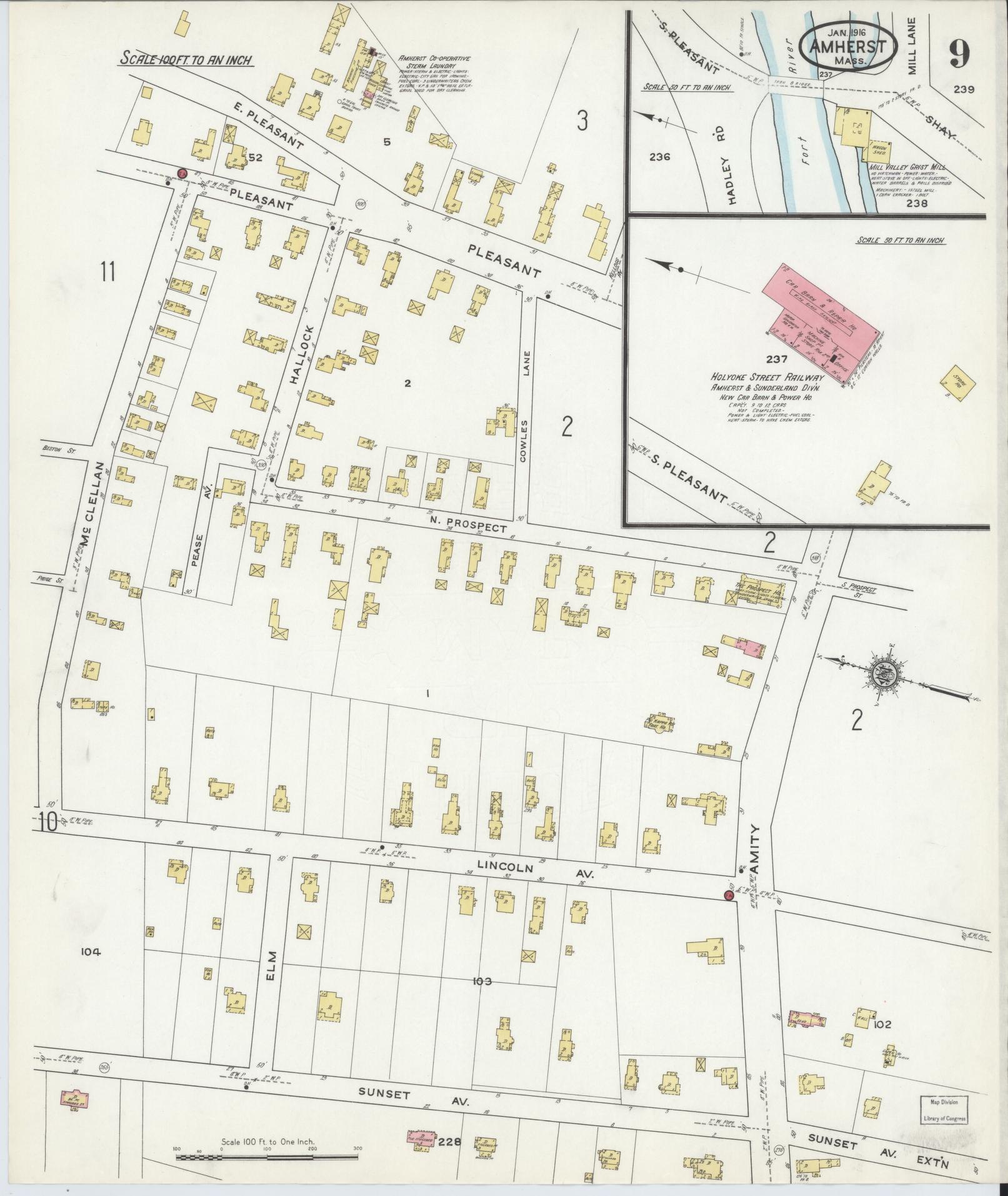 Sanborn Fire Insurance Map from Amherst, Hampshire County, Massachusetts (1916), Sheet #0009 - Historic Sanborn Fire Insurance Map Print, vintage old map wall art, antique decor, genealogy gift, Massachusetts Massachusetts map