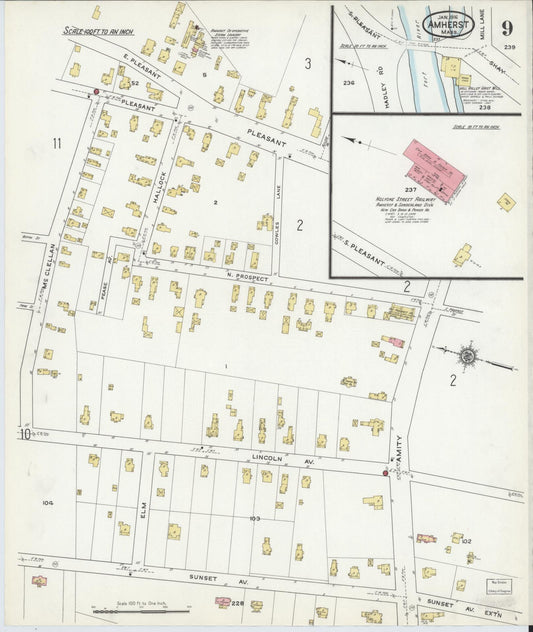 Sanborn Fire Insurance Map from Amherst, Hampshire County, Massachusetts (1916), Sheet #0009 - Historic Sanborn Fire Insurance Map Print, vintage old map wall art, antique decor, genealogy gift, Massachusetts Massachusetts map