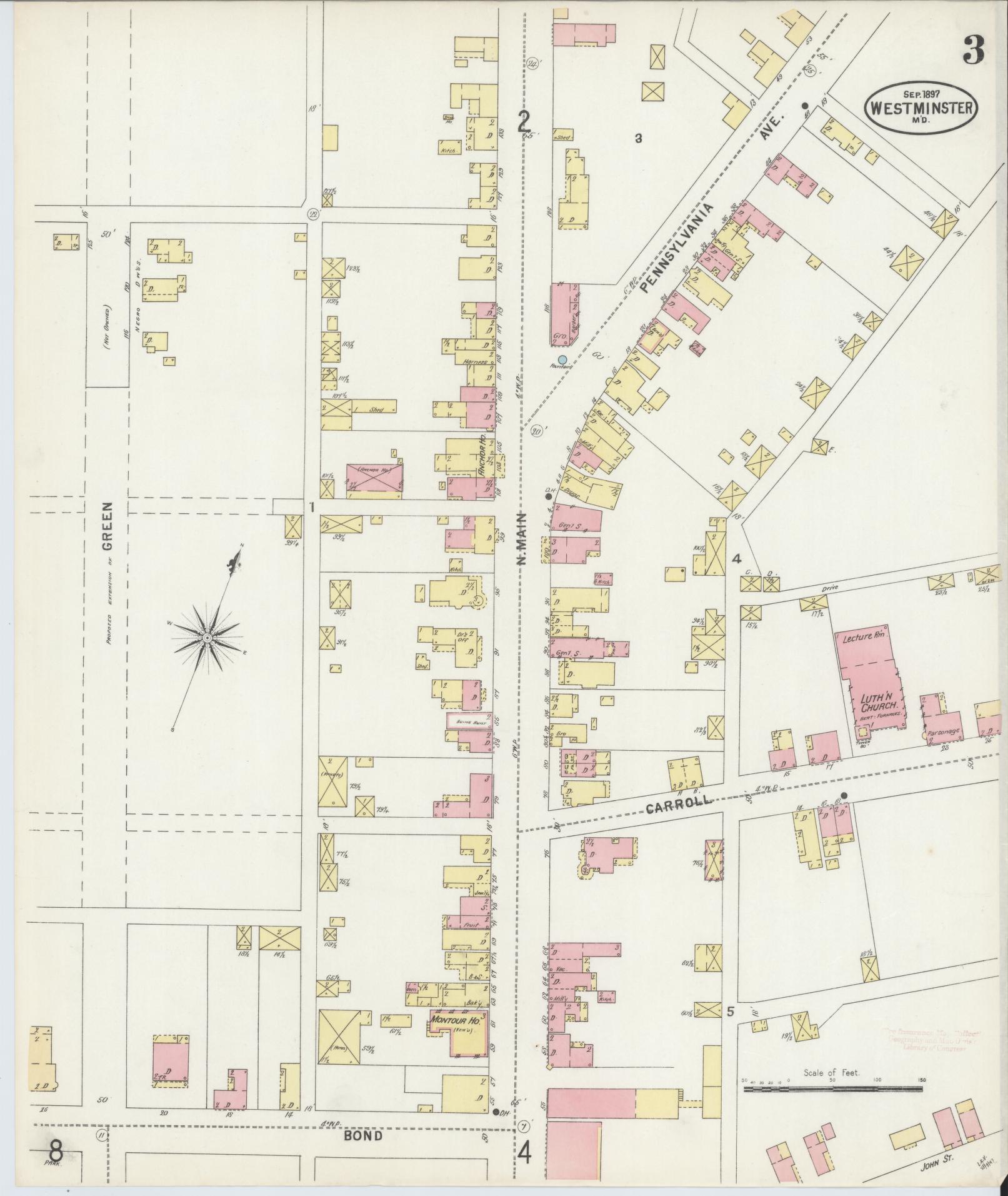 Sanborn Fire Insurance Map from Westminster, Carroll County, Maryland (1897), Sheet #0003 - Historic Sanborn Fire Insurance Map Print, vintage old map wall art, antique decor, genealogy gift, Maryland Maryland map