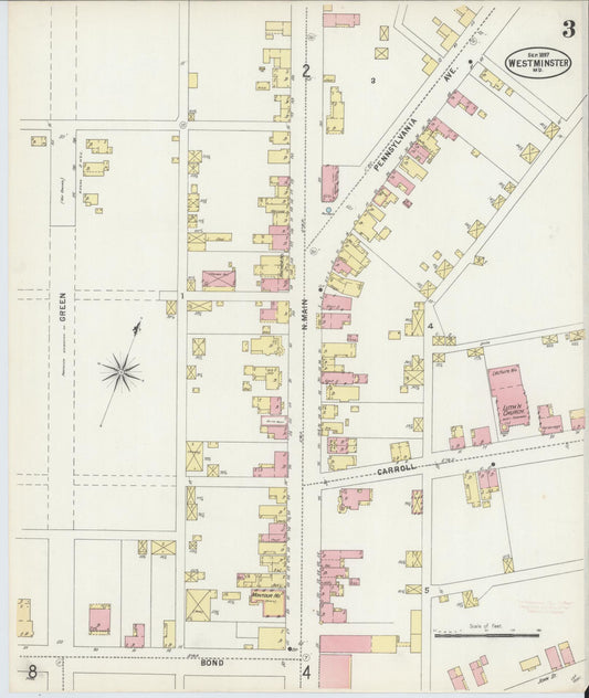 Sanborn Fire Insurance Map from Westminster, Carroll County, Maryland (1897), Sheet #0003 - Historic Sanborn Fire Insurance Map Print, vintage old map wall art, antique decor, genealogy gift, Maryland Maryland map