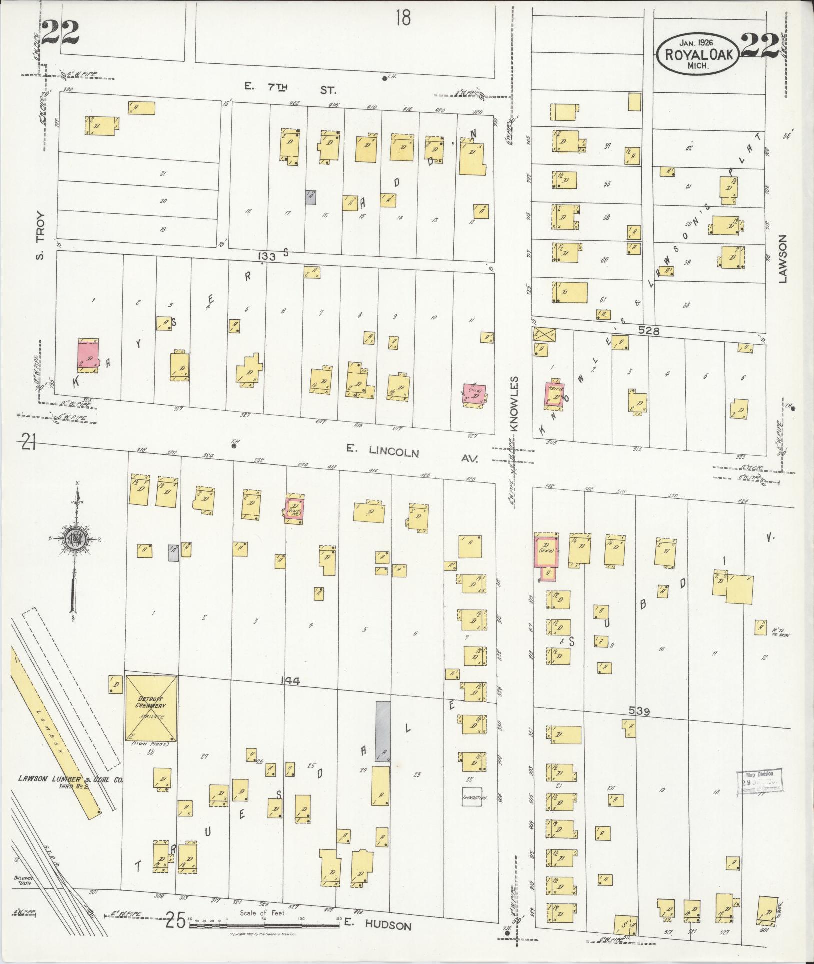 Sanborn Fire Insurance Map from Royal Oak, Oakland County, Michigan (1926), Sheet #0022 - Complete Map Set gallery image, historic Sanborn map, vintage wall art, Michigan Michigan
