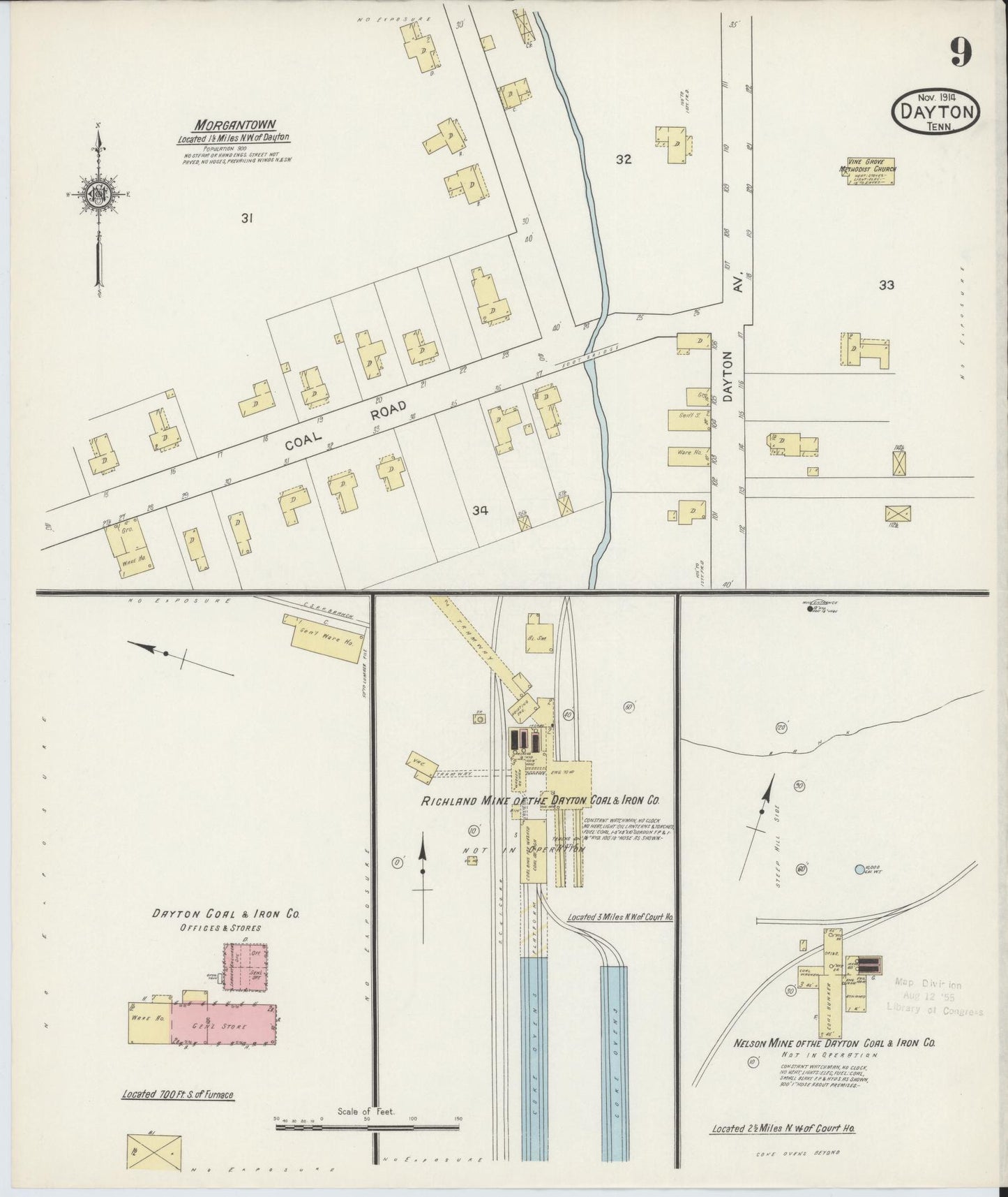 Sanborn Fire Insurance Map from Dayton, Rhea County, Tennessee (1914), Sheet #0009 - Complete Map Set gallery image, historic Sanborn map, vintage wall art, Tennessee Tennessee