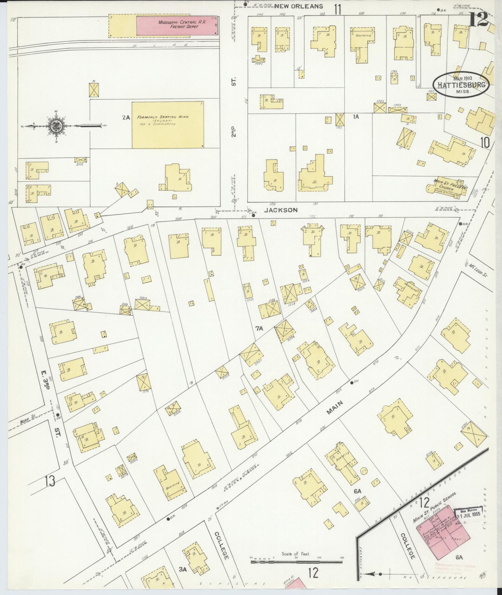 Sanborn Fire Insurance Map from Hattiesburg, Forrest County, Mississippi (1910), Sheet #0012 - Complete Map Set gallery image, historic Sanborn map, vintage wall art, Mississippi Mississippi