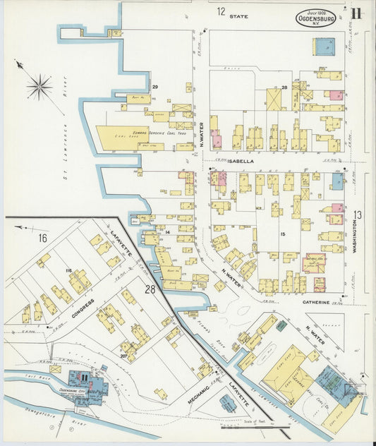 Sanborn Fire Insurance Map from Ogdensburg, St. Lawrence County, New York (1909), Sheet #0011 - Historic Sanborn Fire Insurance Map Print, vintage old map wall art, antique decor, genealogy gift, New York New York map