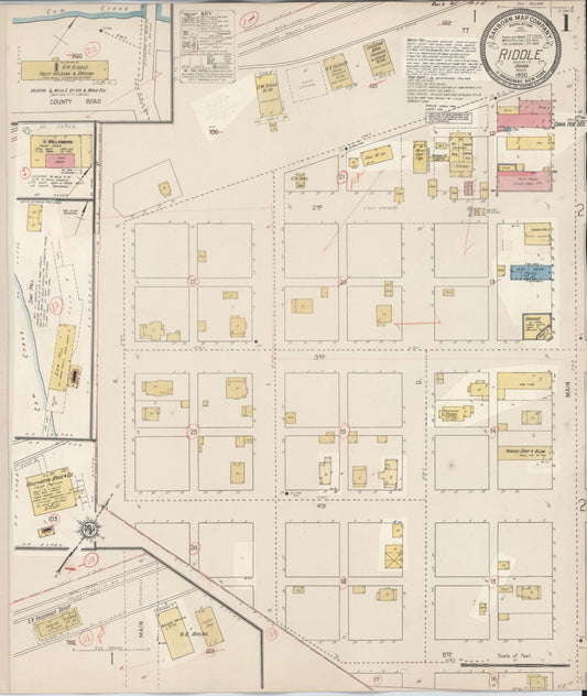 Sanborn Fire Insurance Map from Riddle, Douglas County, Oregon (1931), Sheet #0001 - Historic Sanborn Fire Insurance Map Print, vintage old map wall art, antique decor, genealogy gift, Oregon Oregon map