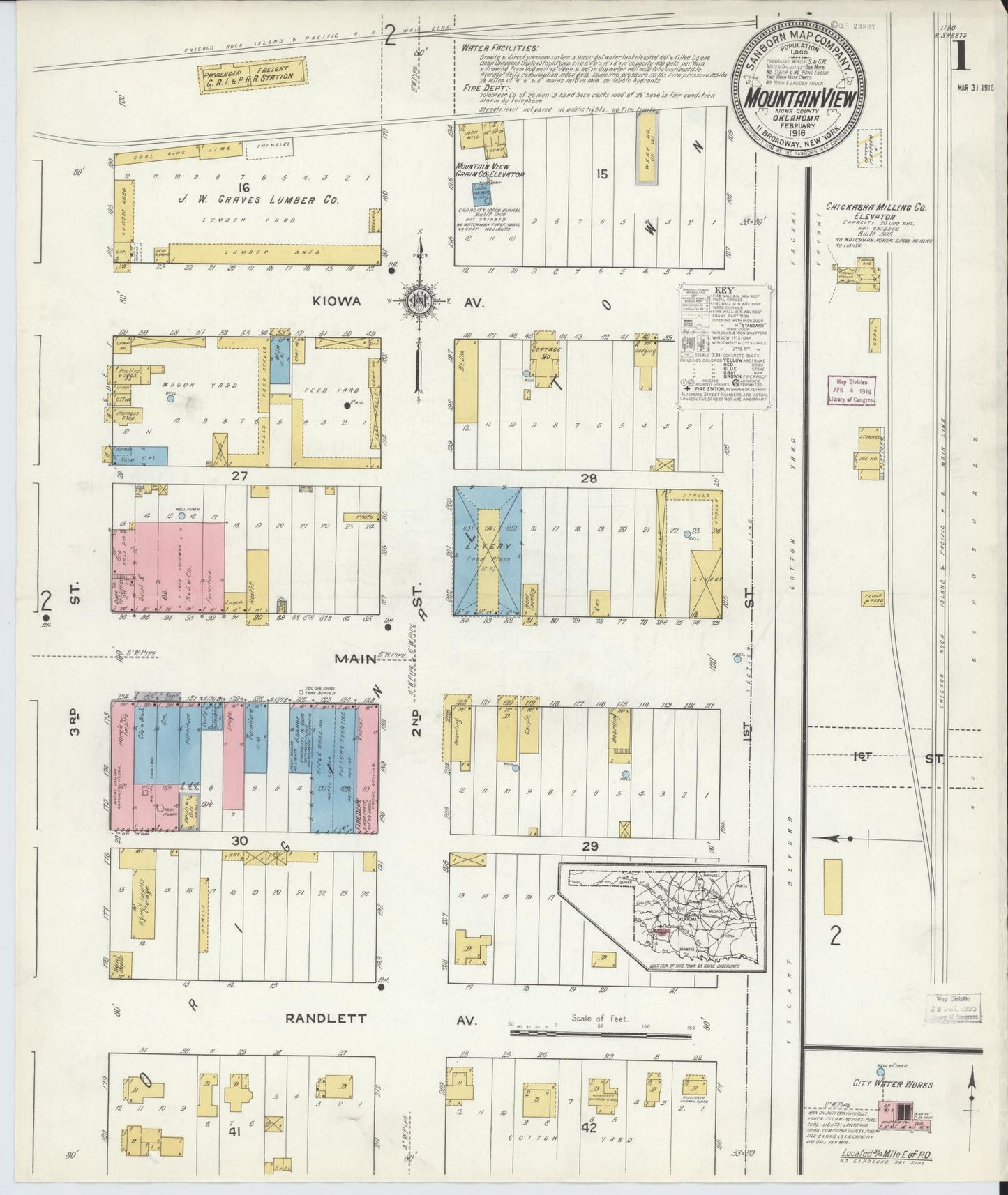 Sanborn Fire Insurance Map from Mountain View, Kiowa County, Oklahoma (1916), Sheet #0001 - Complete Map Set gallery image, historic Sanborn map, vintage wall art, Oklahoma Oklahoma