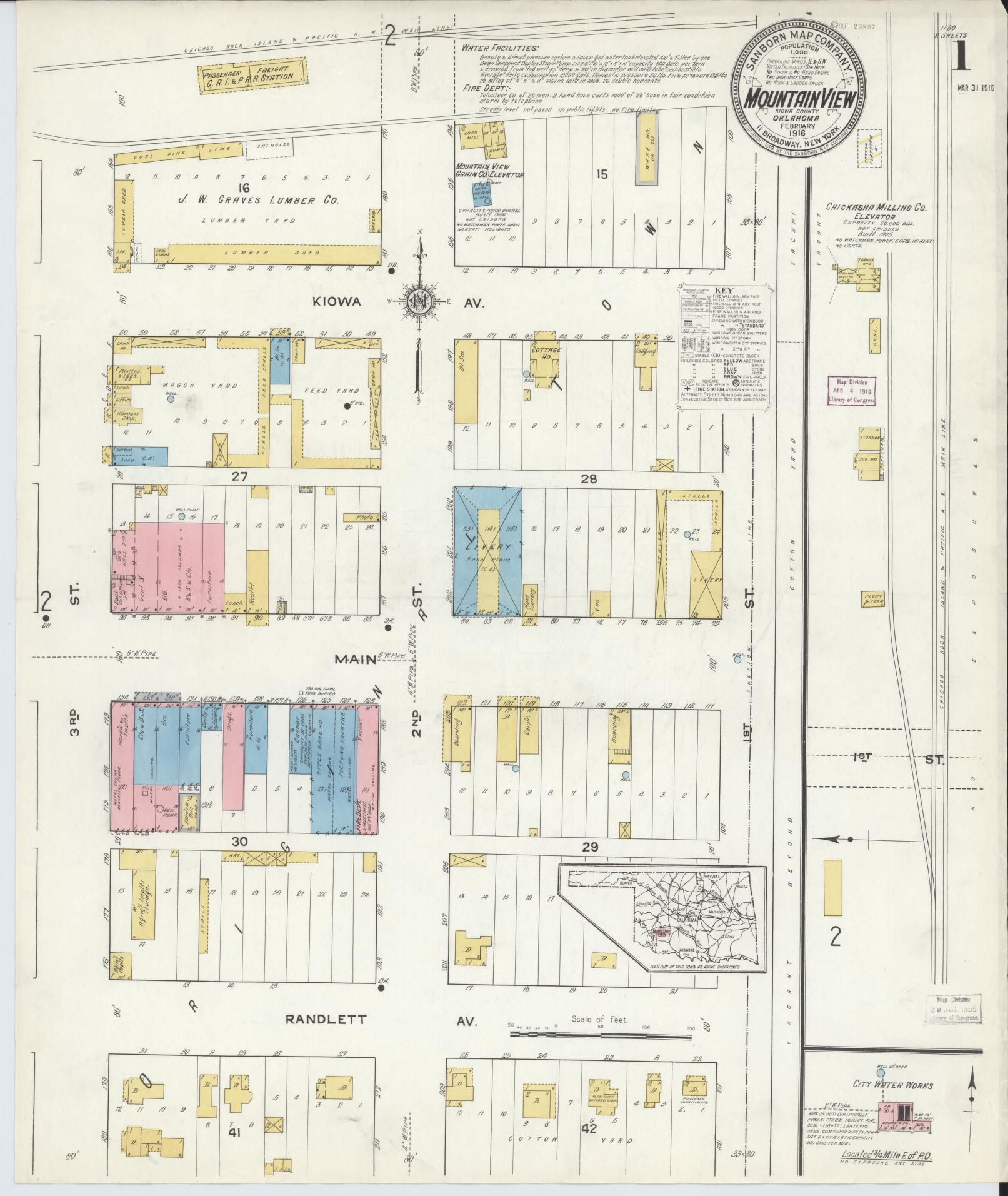 Sanborn Fire Insurance Map from Mountain View, Kiowa County, Oklahoma (1916), Sheet #0001 - Complete Map Set gallery image, historic Sanborn map, vintage wall art, Oklahoma Oklahoma
