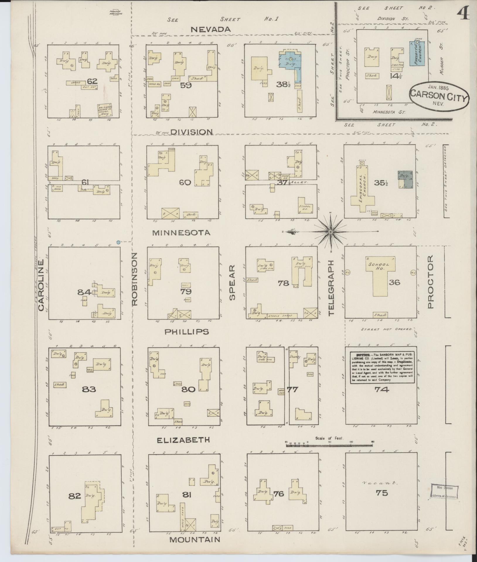 Sanborn Fire Insurance Map from Carson City, Carson City County, Nevada (1885), Sheet #0004 - Complete Map Set gallery image, historic Sanborn map, vintage wall art, Nevada Nevada