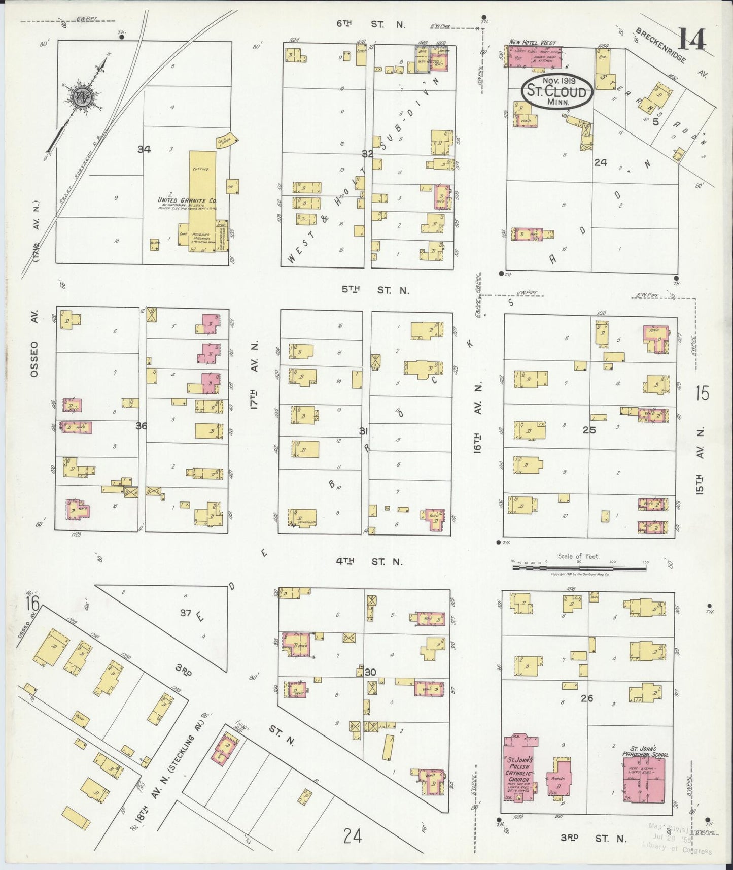 Sanborn Fire Insurance Map from Saint Cloud, Stearns, Benton, and Sherburne Counties, Minnesota (1919), Sheet #0014 - Complete Map Set gallery image, historic Sanborn map, vintage wall art, Minnesota Minnesota