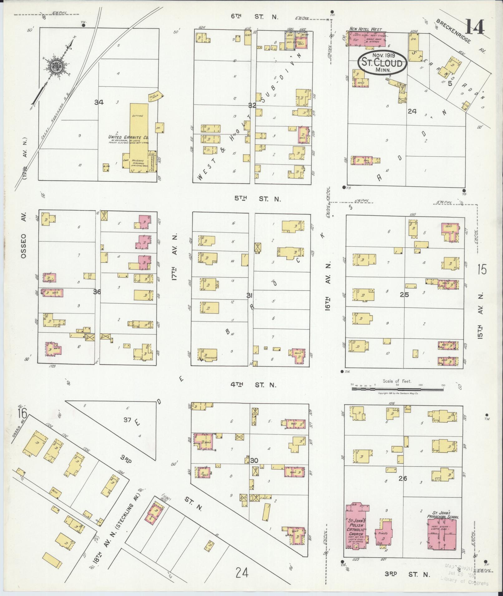 Sanborn Fire Insurance Map from Saint Cloud, Stearns, Benton, and Sherburne Counties, Minnesota (1919), Sheet #0014 - Complete Map Set gallery image, historic Sanborn map, vintage wall art, Minnesota Minnesota