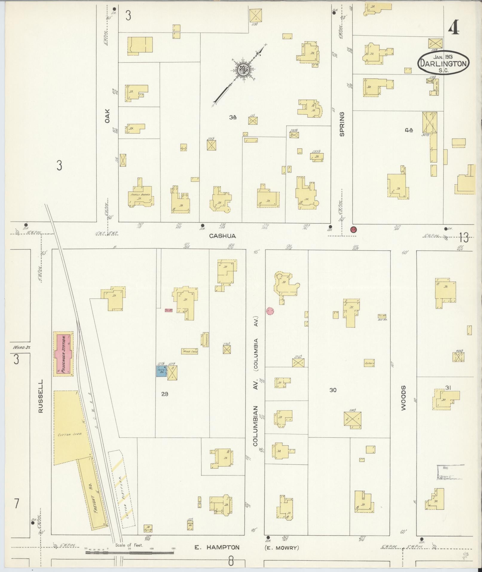 Sanborn Fire Insurance Map from Darlington, Darlington County, South Carolina (1913), Sheet #0004 - Complete Map Set gallery image, historic Sanborn map, vintage wall art, South Carolina South Carolina