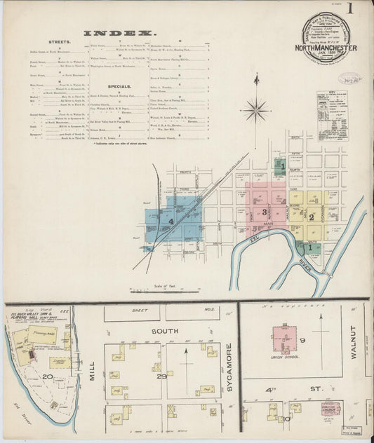 Sanborn Fire Insurance Map from North Manchester, Wabash County, Indiana (1886), Sheet #0001 - Complete Map Set gallery image, historic Sanborn map, vintage wall art, Indiana Indiana