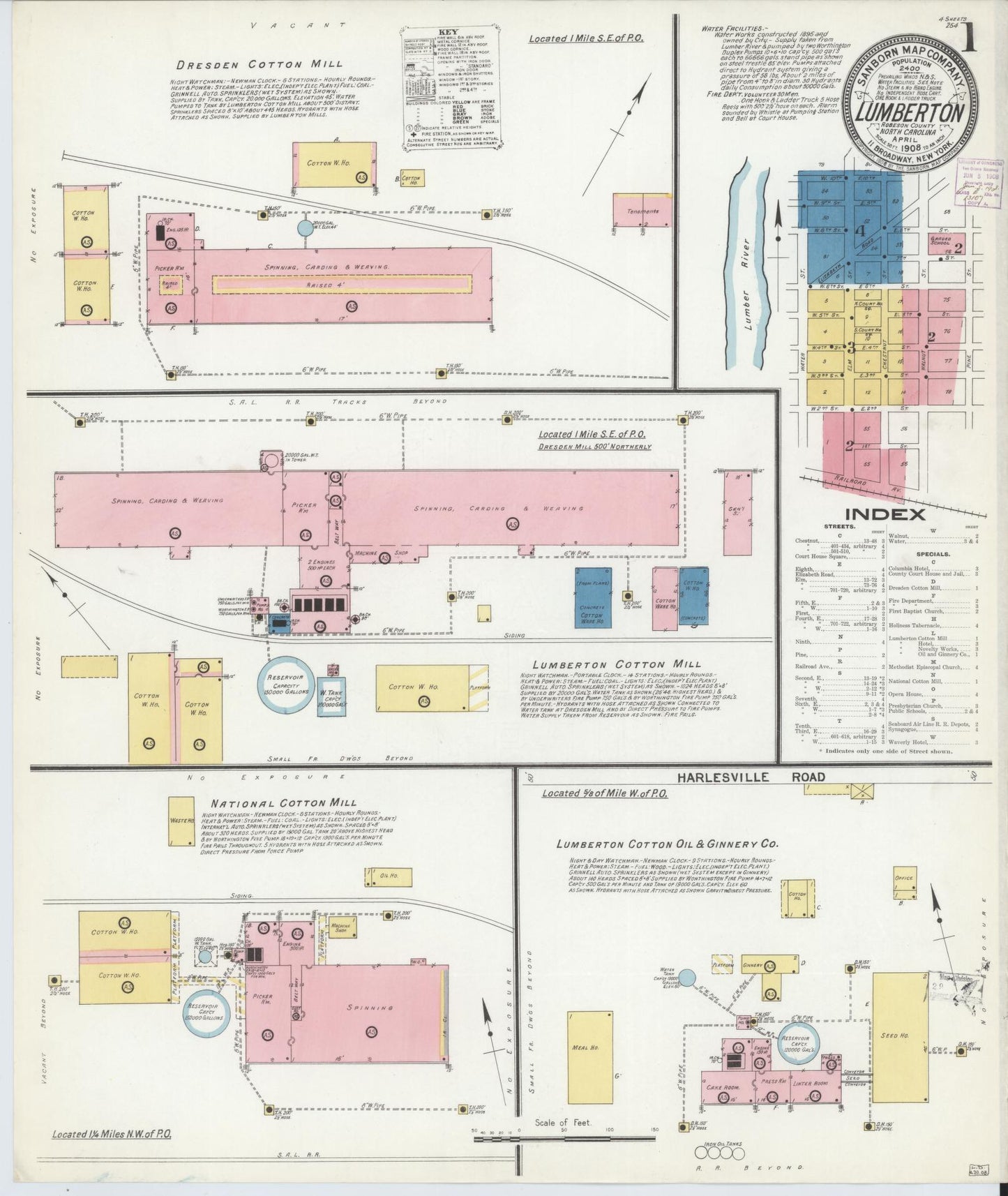 Sanborn Fire Insurance Map from Lumberton, Robeson County, North Carolina (1908), Sheet #0001 - Complete Map Set gallery image, historic Sanborn map, vintage wall art, North Carolina North Carolina