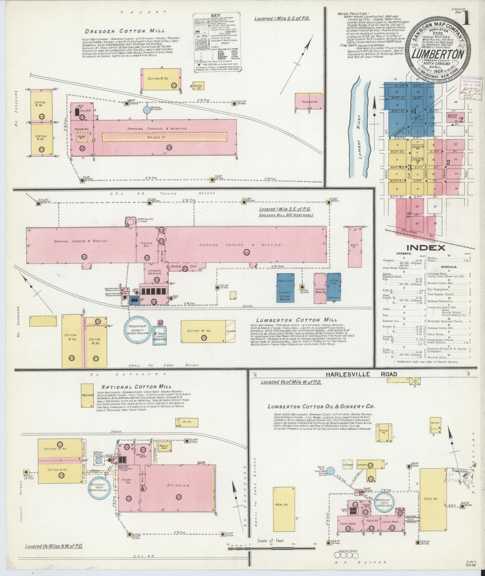 Sanborn Fire Insurance Map from Lumberton, Robeson County, North Carolina (1908), Sheet #0001 - Complete Map Set gallery image, historic Sanborn map, vintage wall art, North Carolina North Carolina