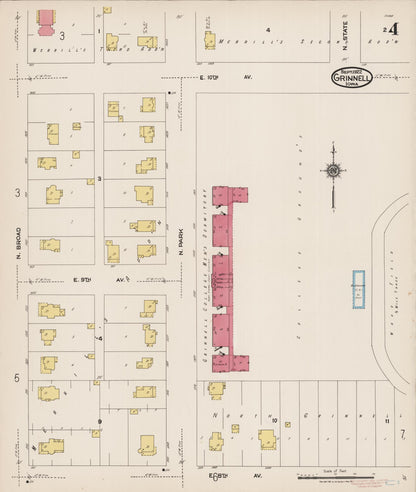 Sanborn Fire Insurance Map from Grinnell, Poweshiek County, Iowa (1922), Sheet #0004 - Historic Sanborn Fire Insurance Map Print, vintage old map wall art