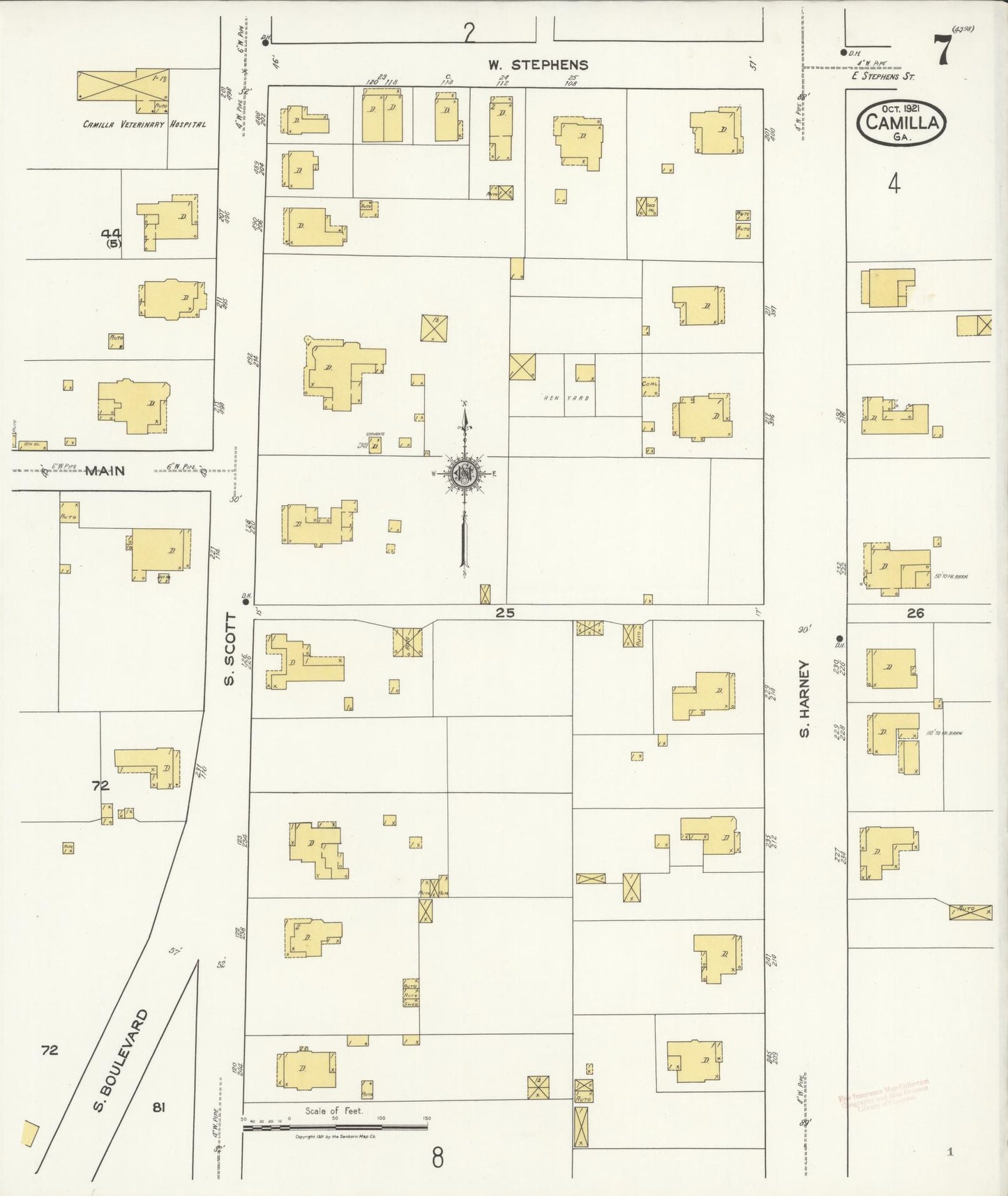 Sanborn Fire Insurance Map from Camilla, Mitchell County, Georgia (1921), Sheet #0007 - Historic Sanborn Fire Insurance Map Print, vintage old map wall art, antique decor, genealogy gift, Georgia Georgia map
