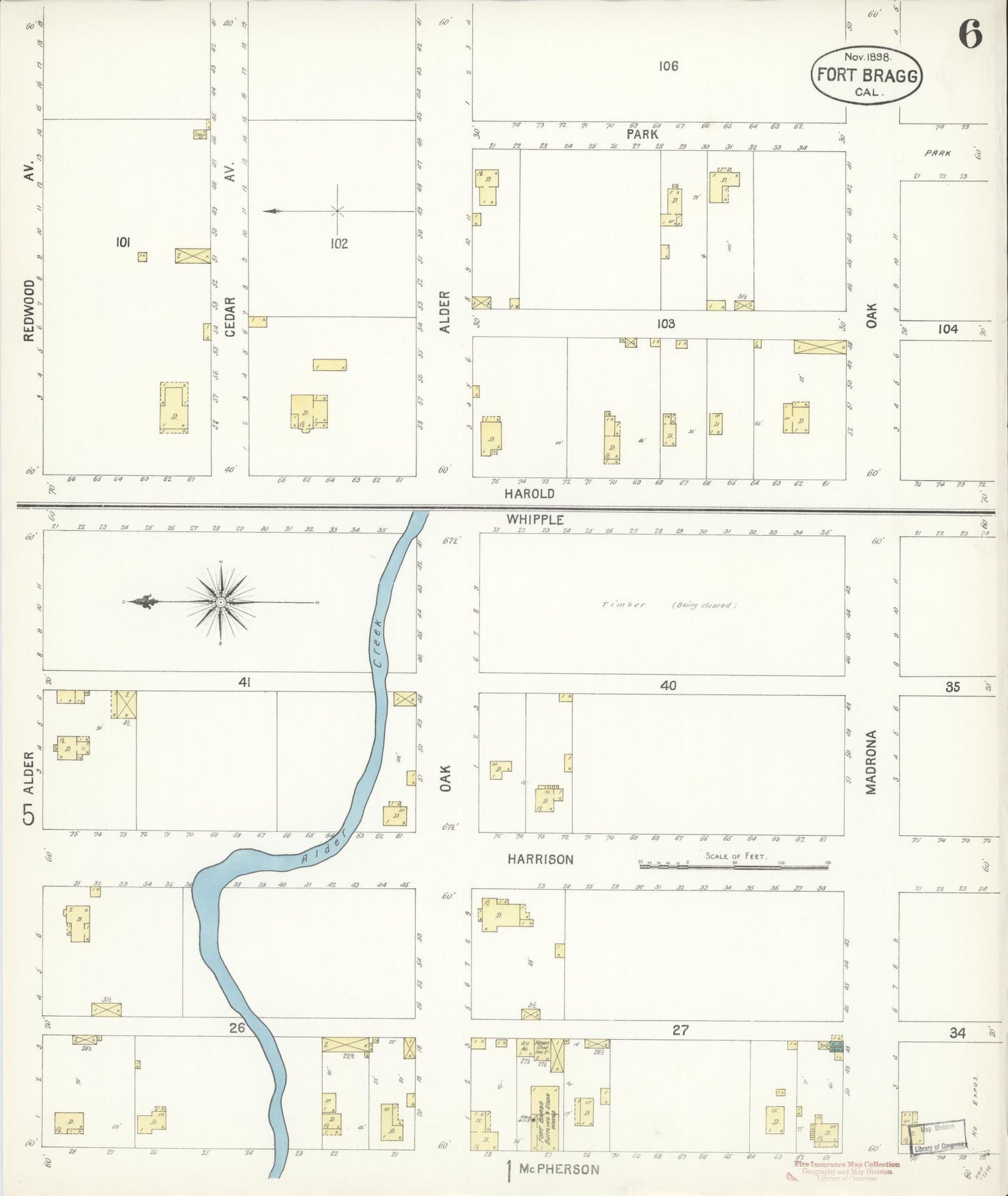 Sanborn Fire Insurance Map from Fort Bragg, Mendocino County, California (1898), Sheet #0006 - Historic Sanborn Fire Insurance Map Print, vintage old map wall art, antique decor, genealogy gift, California California map