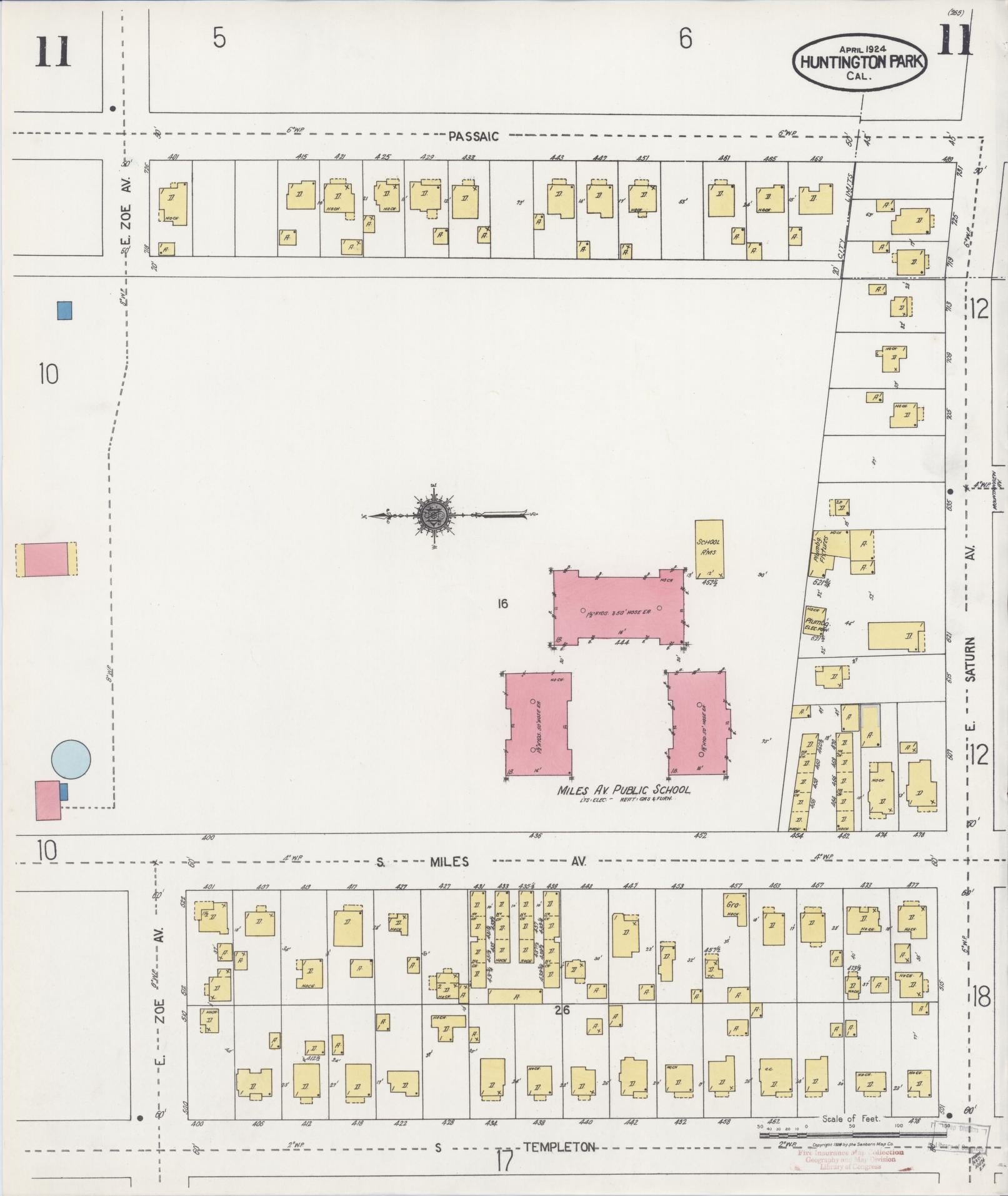 Sanborn Fire Insurance Map from Huntington Park, Los Angeles County, California (1924), Sheet #0011 - Historic Sanborn Fire Insurance Map Print, vintage old map wall art, antique decor, genealogy gift, California California map