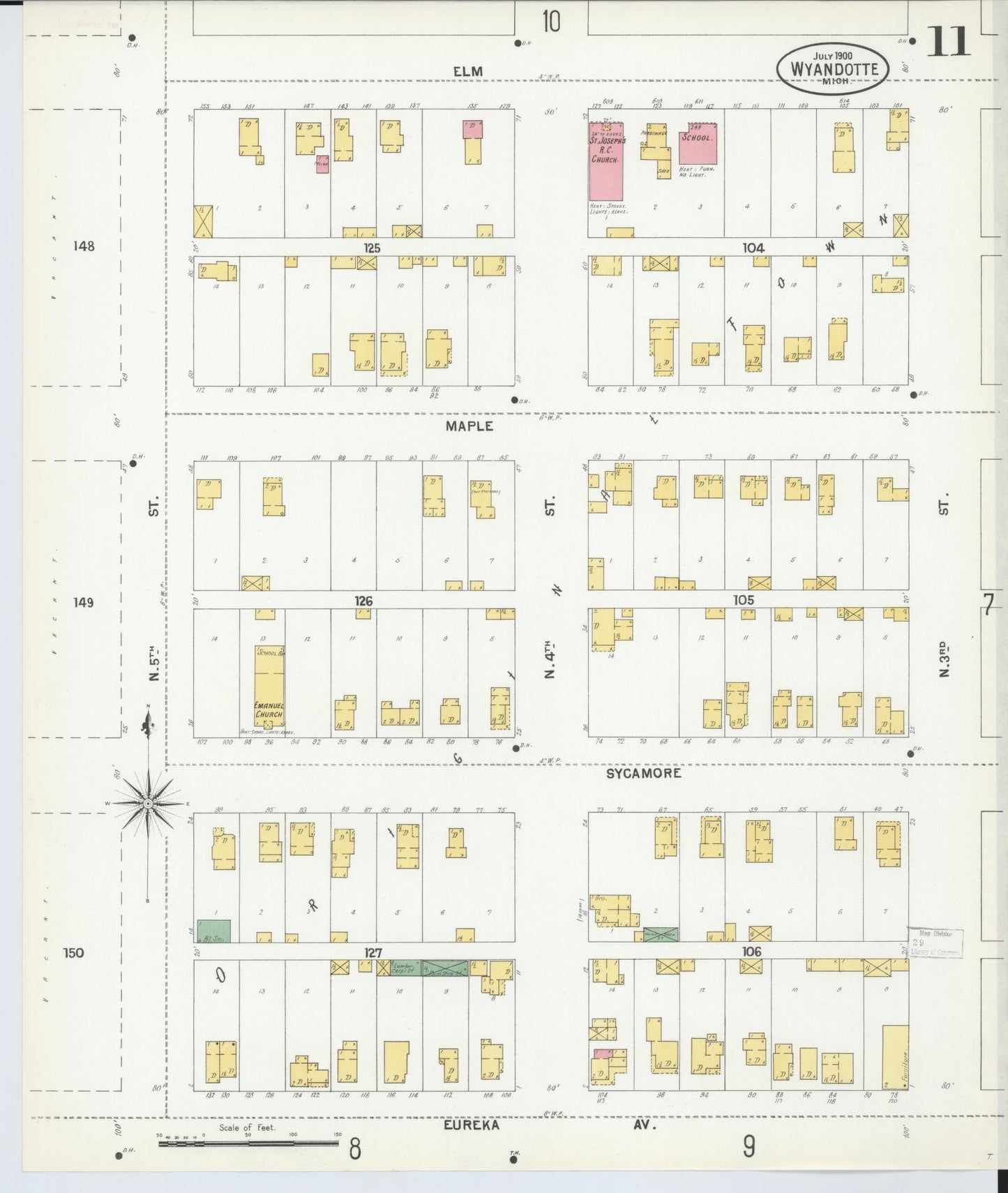 Sanborn Fire Insurance Map from Wyandotte, Wayne County, Michigan (1900), Sheet #0011 - Historic Sanborn Fire Insurance Map Print, vintage old map wall art, antique decor, genealogy gift, Michigan Michigan map