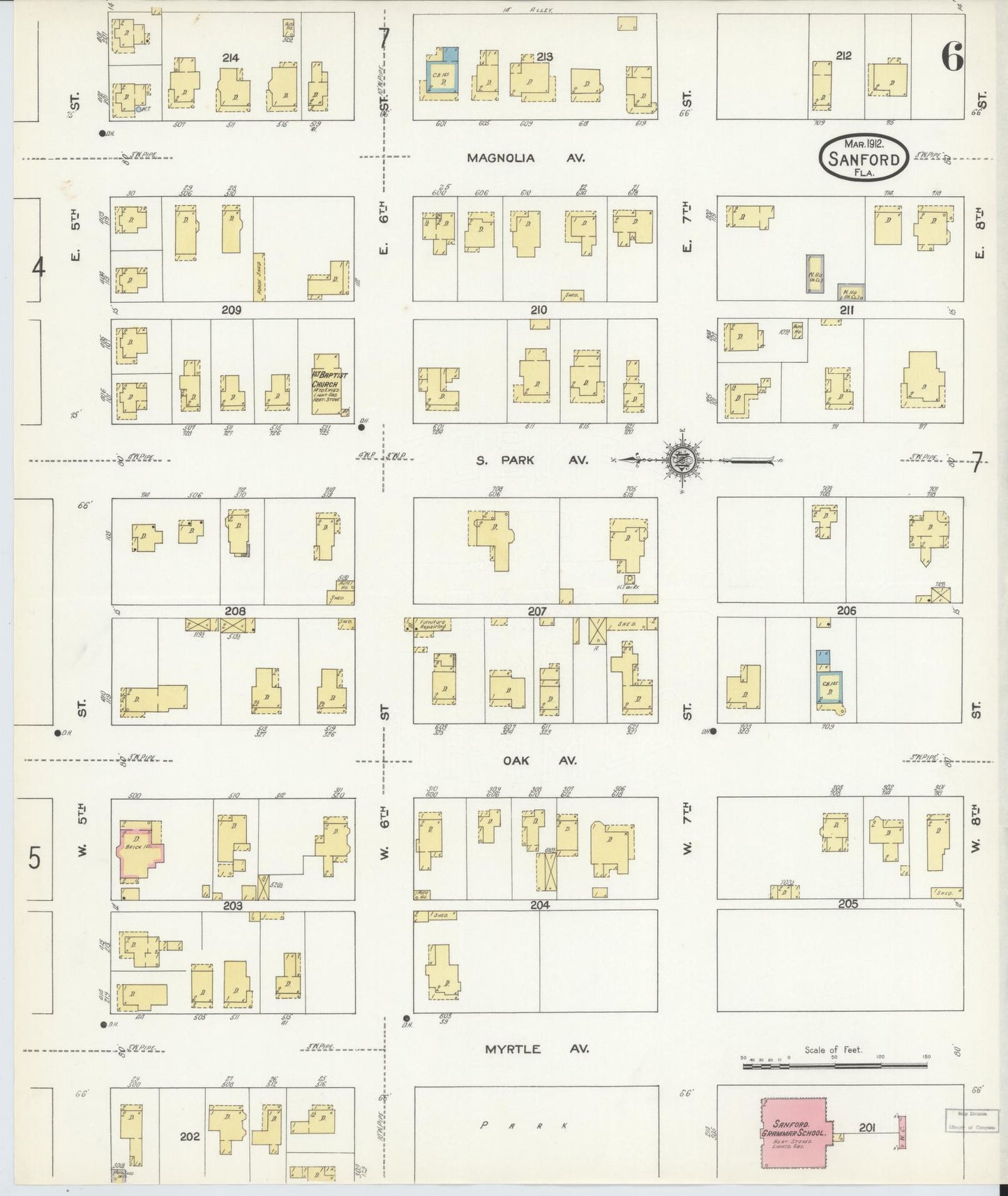 Sanborn Fire Insurance Map from Sanford, Seminole County, Florida (1912), Sheet #0006 - Historic Sanborn Fire Insurance Map Print, vintage old map wall art, antique decor, genealogy gift, Florida Florida map