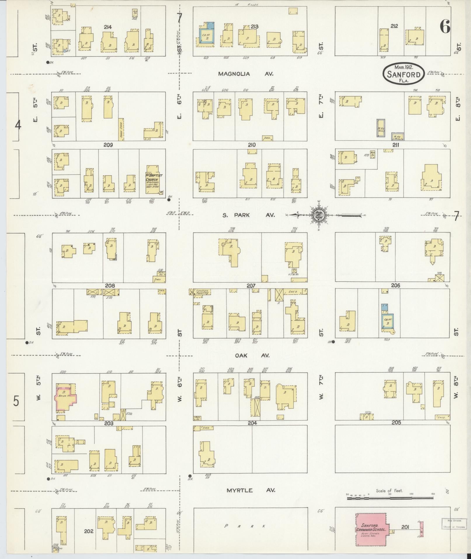 Sanborn Fire Insurance Map from Sanford, Seminole County, Florida (1912), Sheet #0006 - Historic Sanborn Fire Insurance Map Print, vintage old map wall art, antique decor, genealogy gift, Florida Florida map