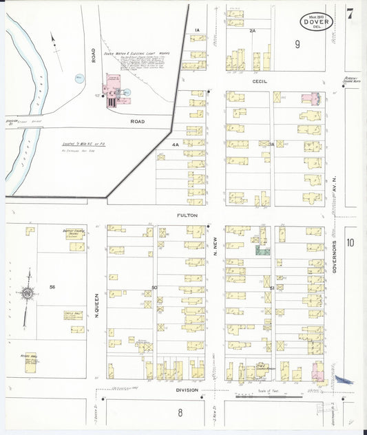 Sanborn Fire Insurance Map from Dover, Kent County, Delaware (1910), Sheet #0007 - Historic Sanborn Fire Insurance Map Print, vintage old map wall art, antique decor, genealogy gift, Delaware Delaware map