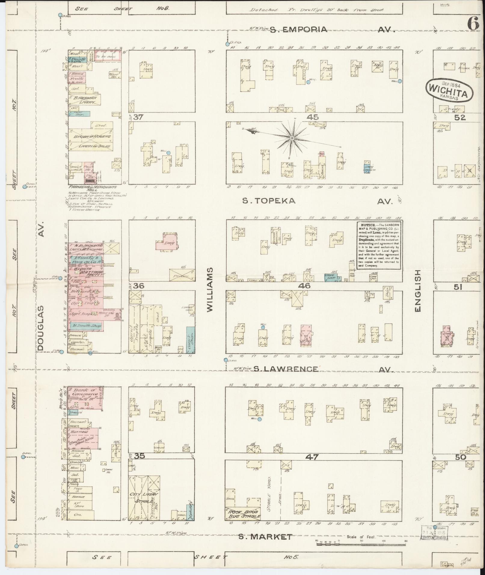 Sanborn Fire Insurance Map from Wichita, Sedgwick County, Kansas (1884), Sheet #0006 - Historic Sanborn Fire Insurance Map Print, vintage old map wall art, antique decor, genealogy gift, Kansas Kansas map