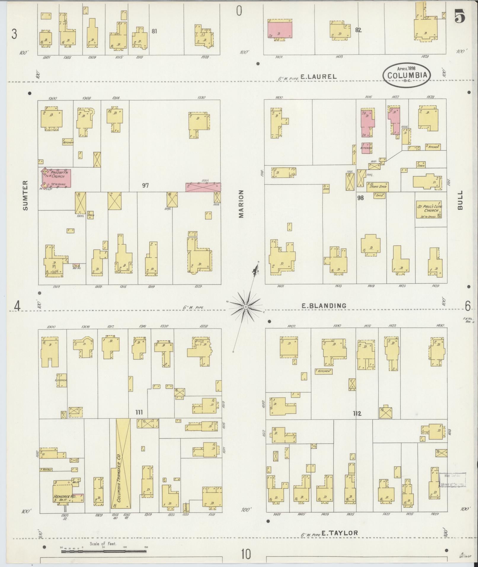 Sanborn Fire Insurance Map from Columbia, Richland County, South Carolina (1898), Sheet #0005 - Complete Map Set gallery image, historic Sanborn map, vintage wall art, South Carolina South Carolina