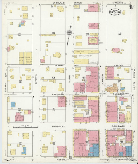 Sanborn Fire Insurance Map from Seguin, Guadalupe County, Texas (1916), Sheet #0008 - Historic Sanborn Fire Insurance Map Print, vintage old map wall art, antique decor, genealogy gift, Texas Texas map
