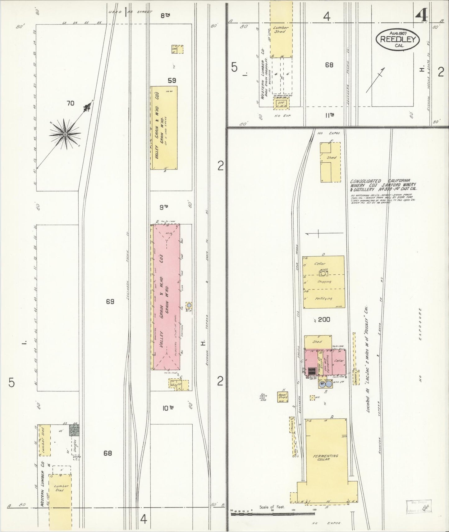 Sanborn Fire Insurance Map from Reedley, Fresno County, California (1907), Sheet #0004 - Complete Map Set gallery image, historic Sanborn map, vintage wall art, California California