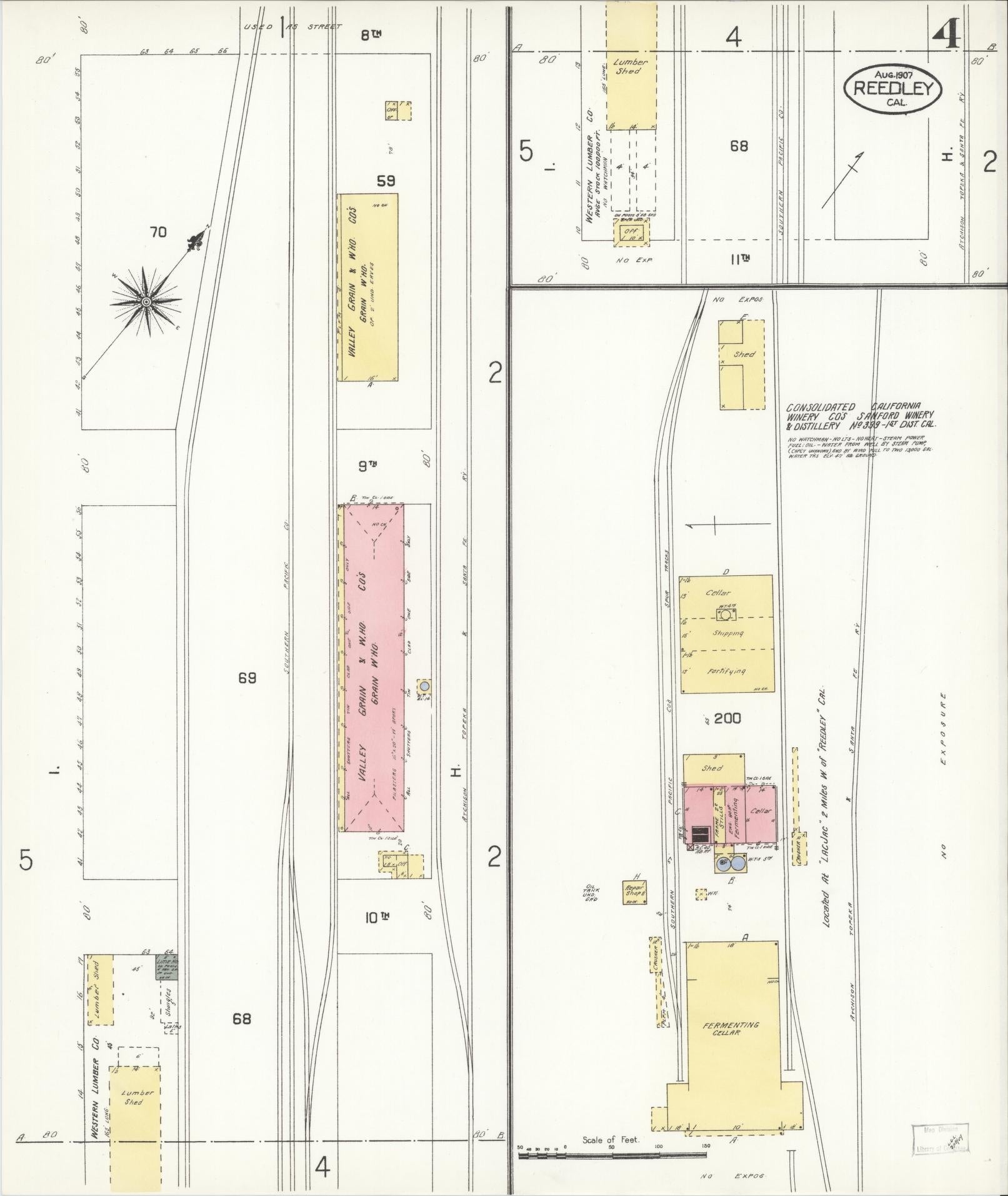 Sanborn Fire Insurance Map from Reedley, Fresno County, California (1907), Sheet #0004 - Complete Map Set gallery image, historic Sanborn map, vintage wall art, California California