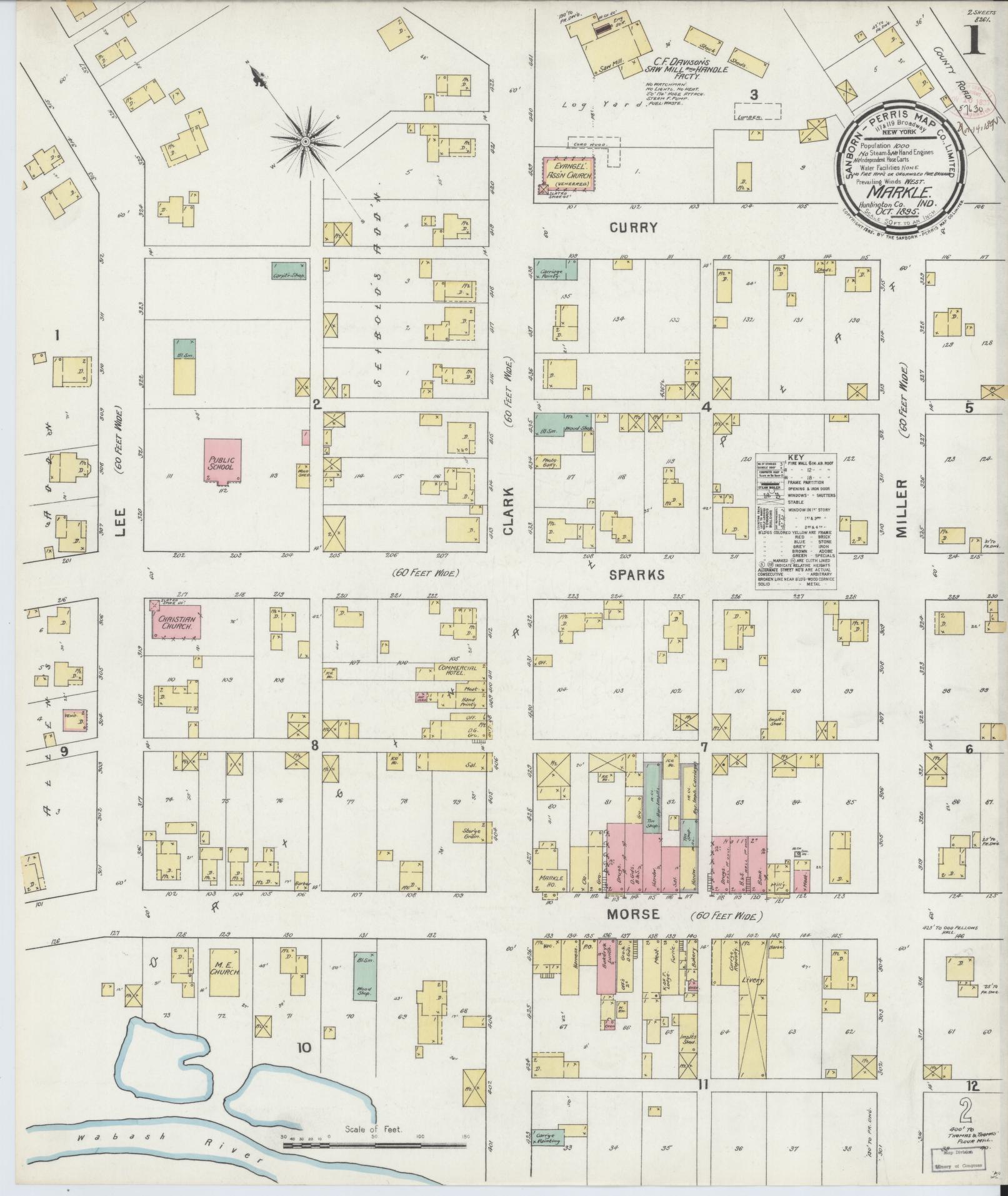 Sanborn Fire Insurance Map from Markle, Huntington County, Indiana (1895), Sheet #0001 - Complete Map Set gallery image, historic Sanborn map, vintage wall art, Indiana Indiana