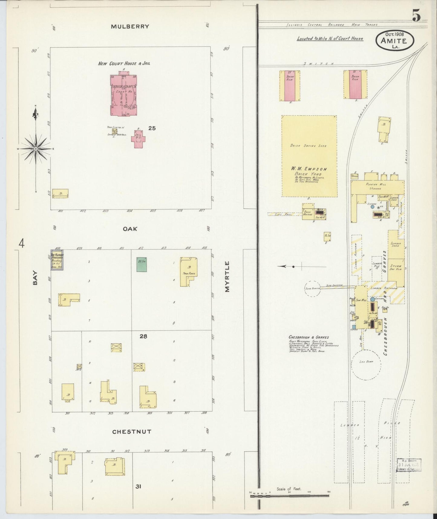 Sanborn Fire Insurance Map from Amite, Tangipahoa Parish, Louisiana (1908), Sheet #0005 - Historic Sanborn Fire Insurance Map Print, vintage old map wall art, antique decor, genealogy gift, Louisiana Louisiana map