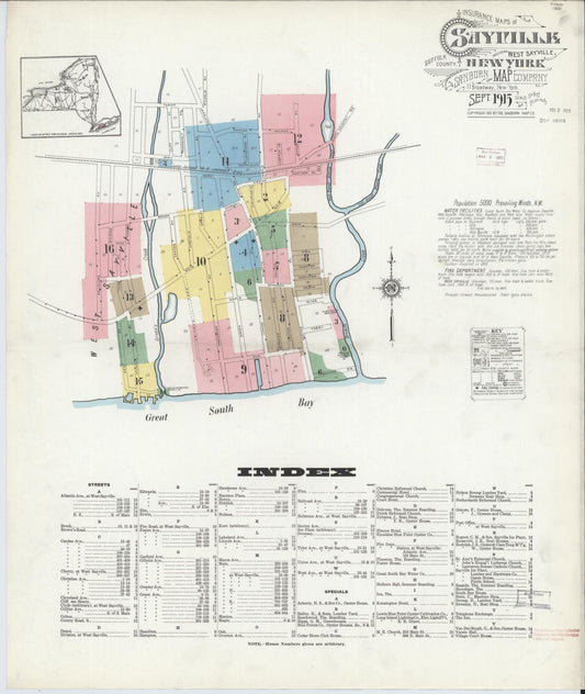 Sanborn Fire Insurance Map from Sayville, Suffolk County, New York (1915), Sheet #0001 - Complete Map Set gallery image, historic Sanborn map, vintage wall art, New York New York