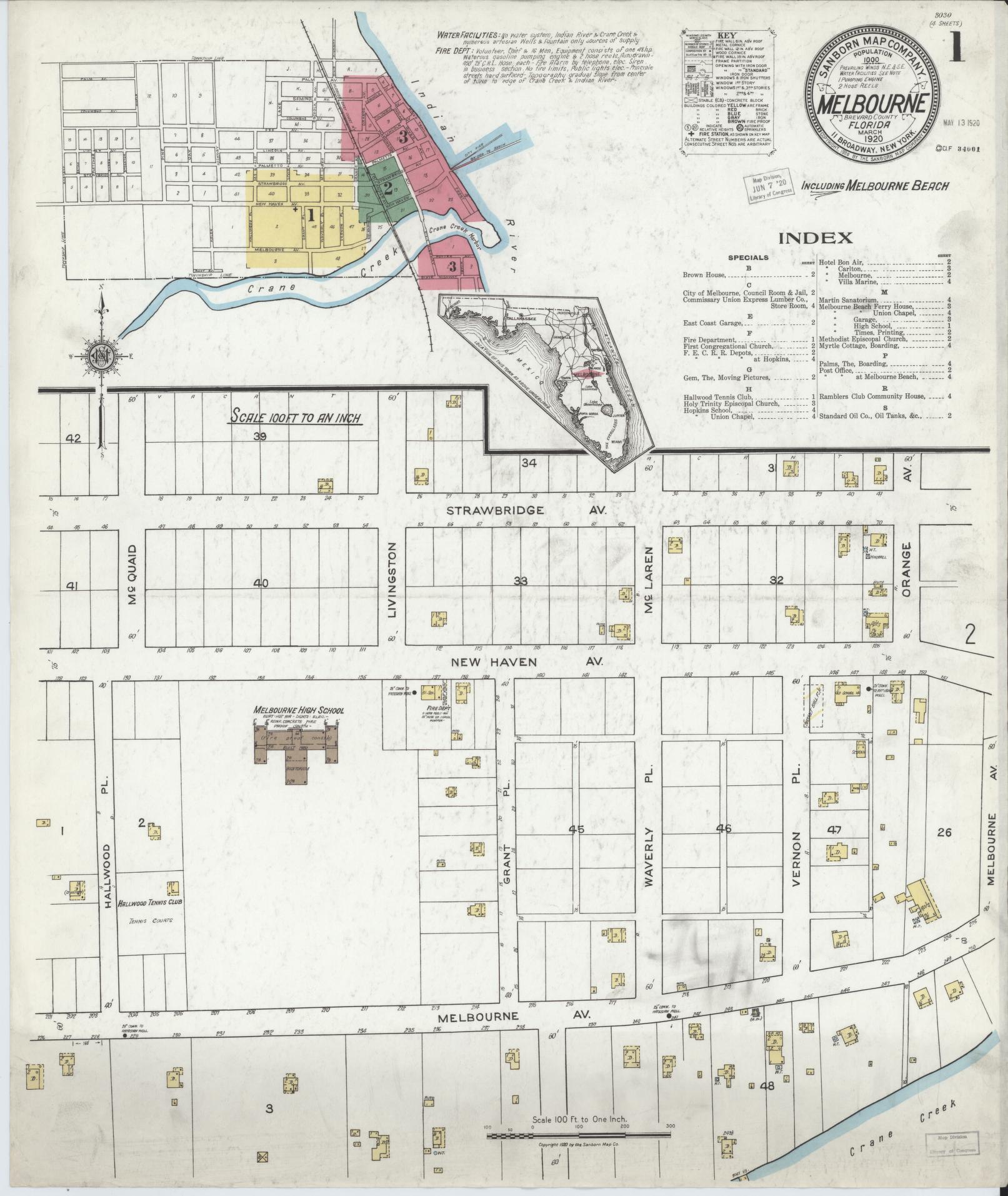Sanborn Fire Insurance Map from Melbourne, Brevard County, Florida (1920), Sheet #0001 - Complete Map Set gallery image, historic Sanborn map, vintage wall art, Florida Florida