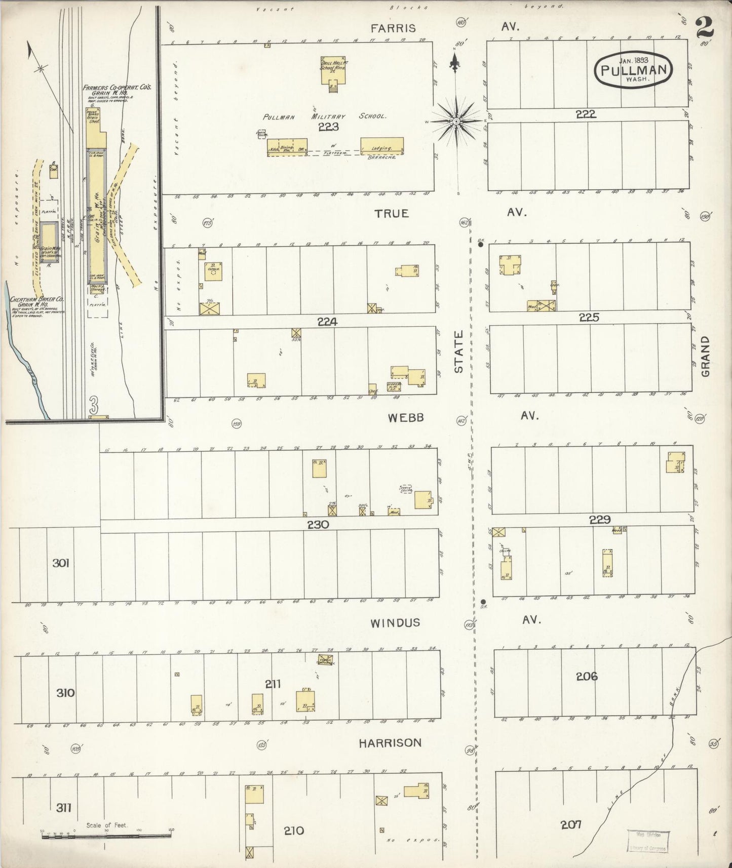 Sanborn Fire Insurance Map from Pullman, Whitman County, Washington (1893), Sheet #0002 - Complete Map Set gallery image, historic Sanborn map, vintage wall art, Washington Washington